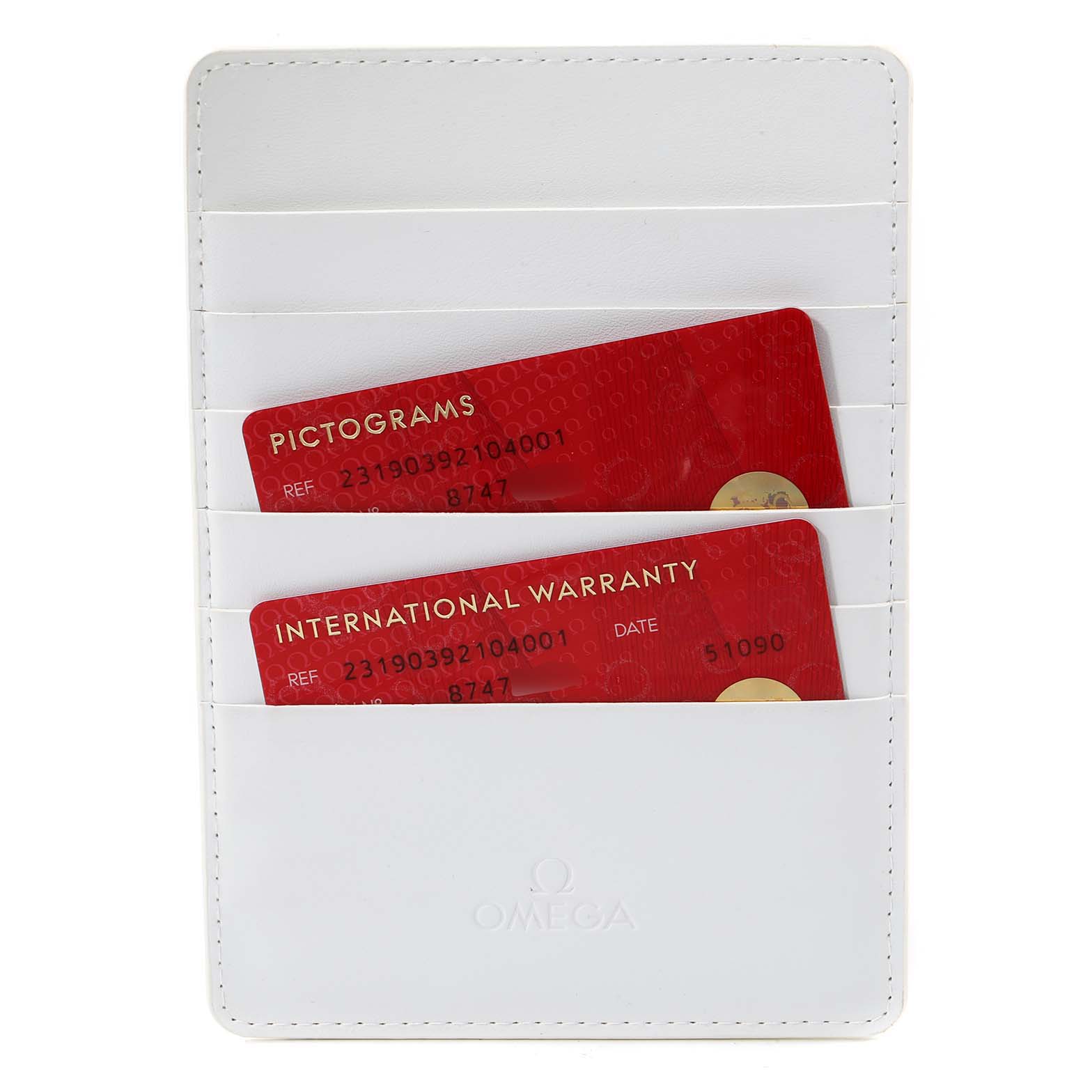 The image shows warranty cards for the Omega Aqua Terra 231.90.39.21.04.001 Men's Titanium White Dial 231.90.39.21.04.001 Men's Titanium White Dial watch, placed in a white cardholder.