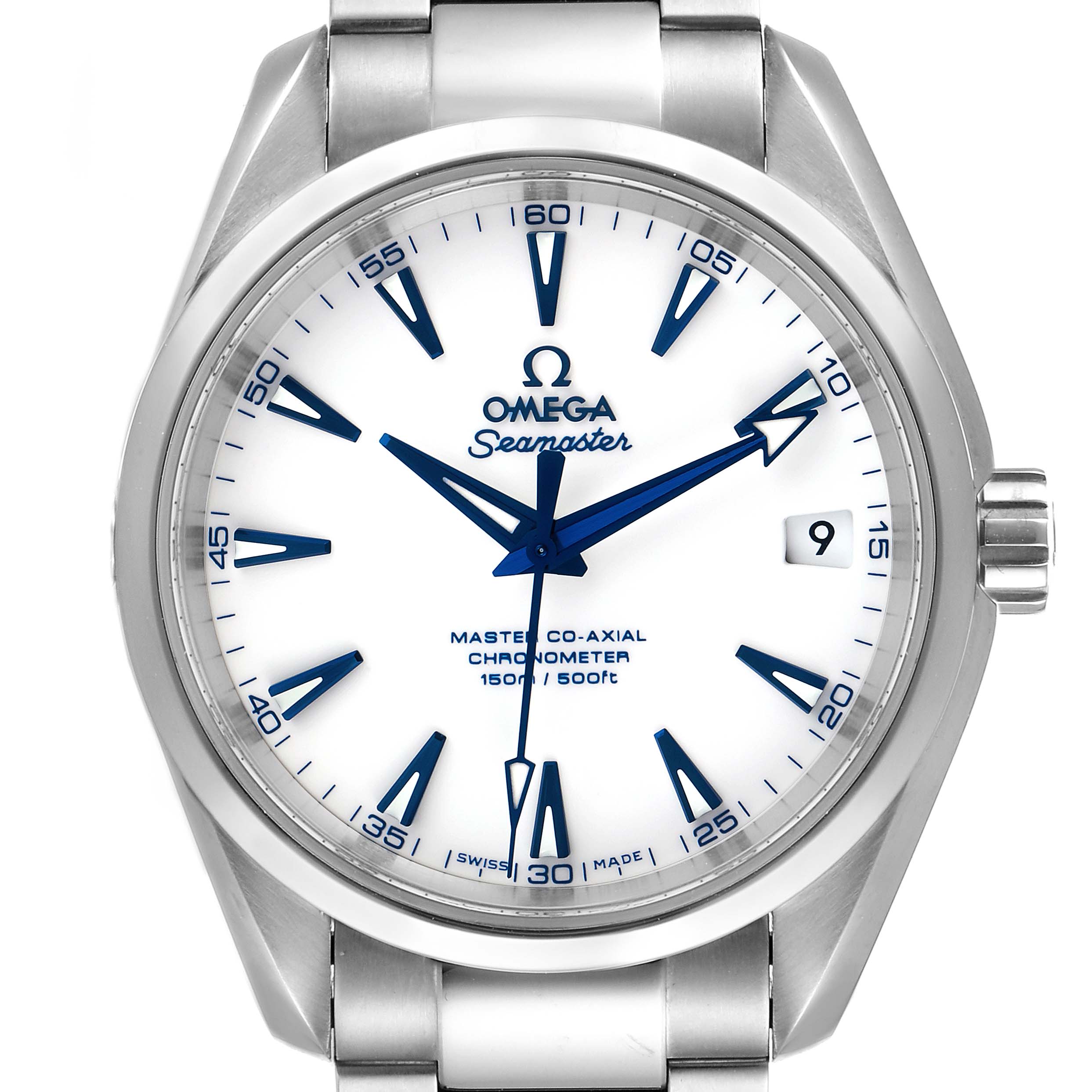 The Omega Aqua Terra 231.90.39.21.04.001 Men's Titanium White Dial 231.90.39.21.04.001 Men's Titanium White Dial watch is shown face-on, featuring its dial, hands, date window, and stainless steel band.