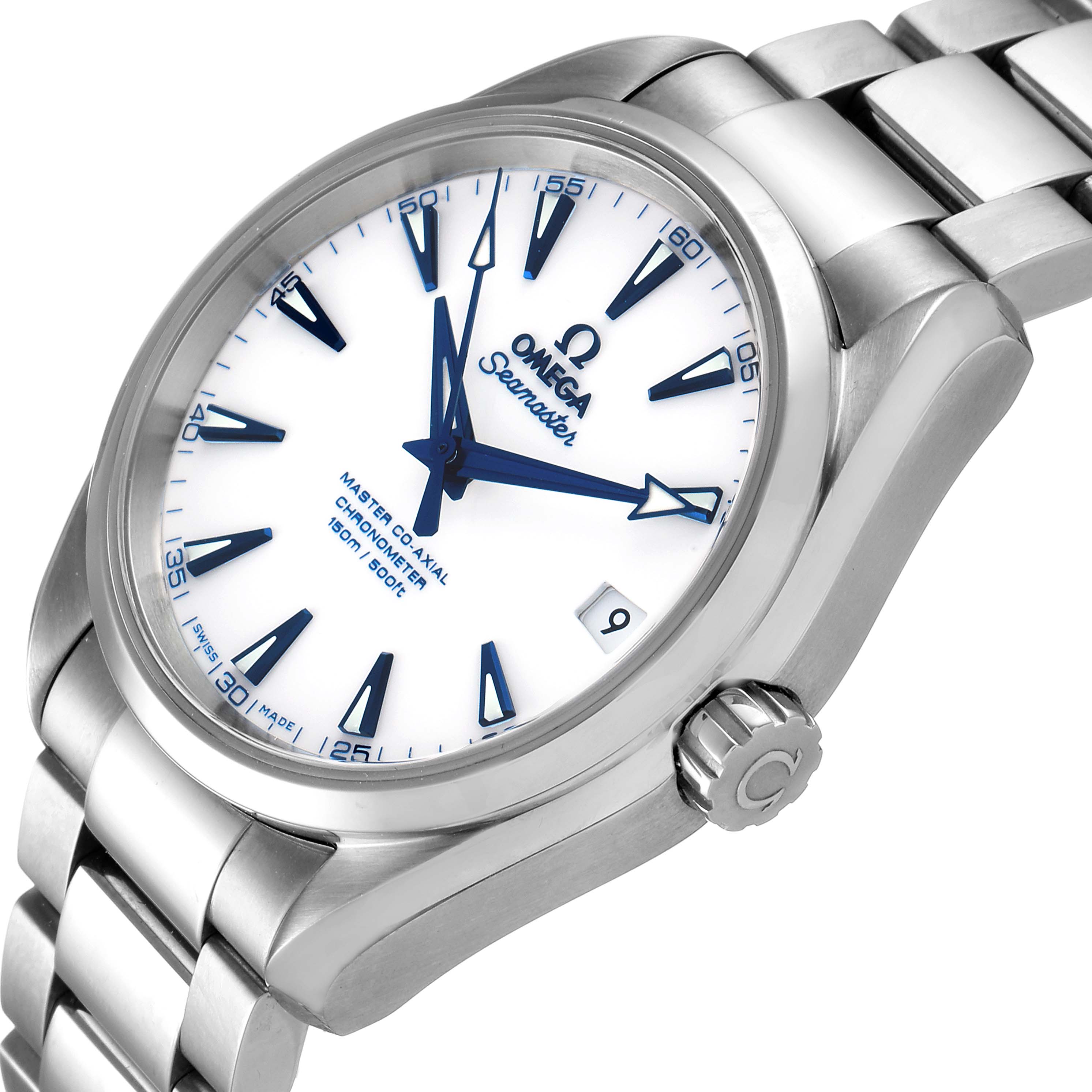 The image shows a close-up of the Omega Aqua Terra 231.90.39.21.04.001 Men's Titanium White Dial 231.90.39.21.04.001 Men's Titanium White Dial watch face at a slight angle, including the dial, hands, date window, and crown.