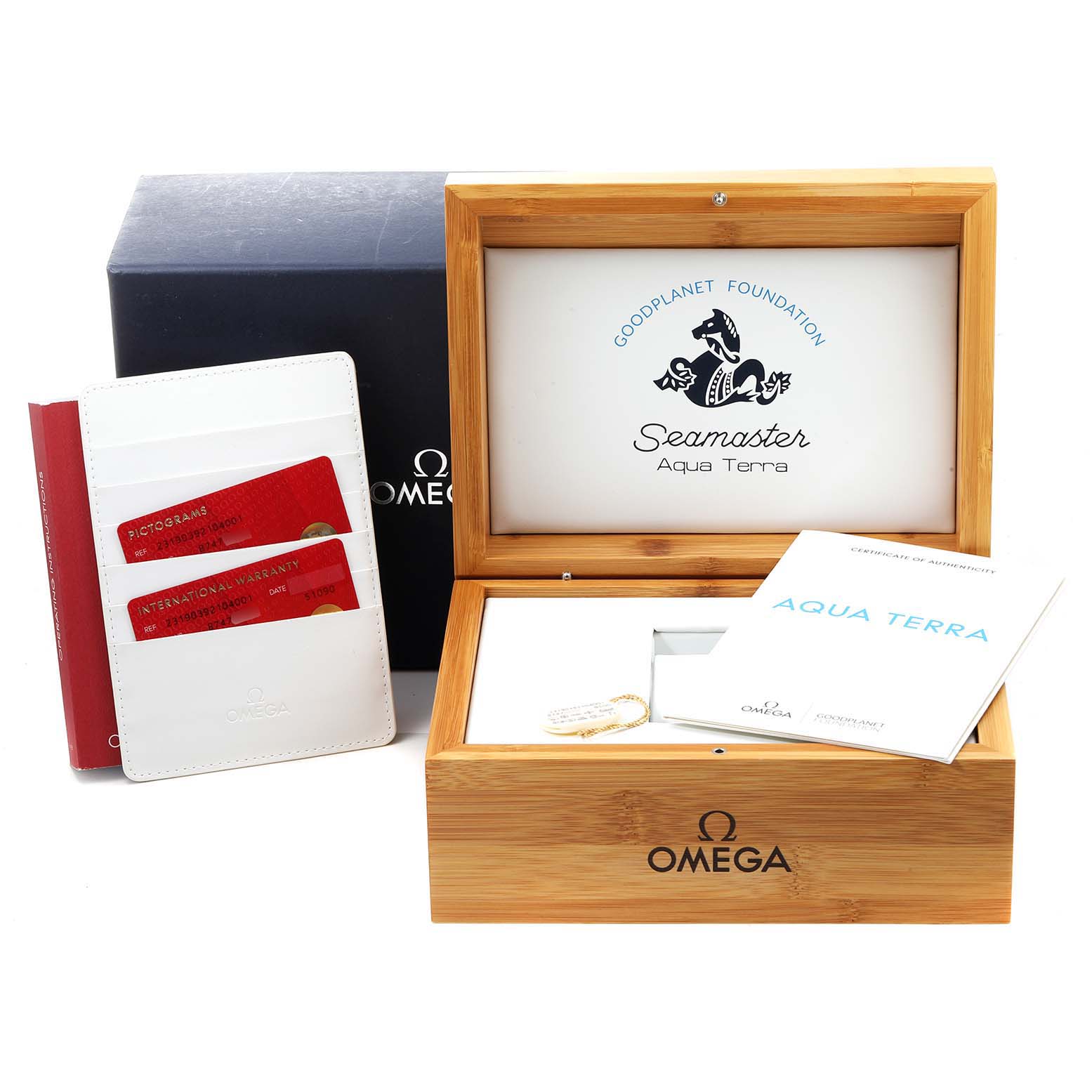 The image shows the packaging and accessories of an Omega Aqua Terra 231.90.39.21.04.001 Men's Titanium White Dial 231.90.39.21.04.001 Men's Titanium White Dial watch, including a wooden box, cards, and instruction manual.