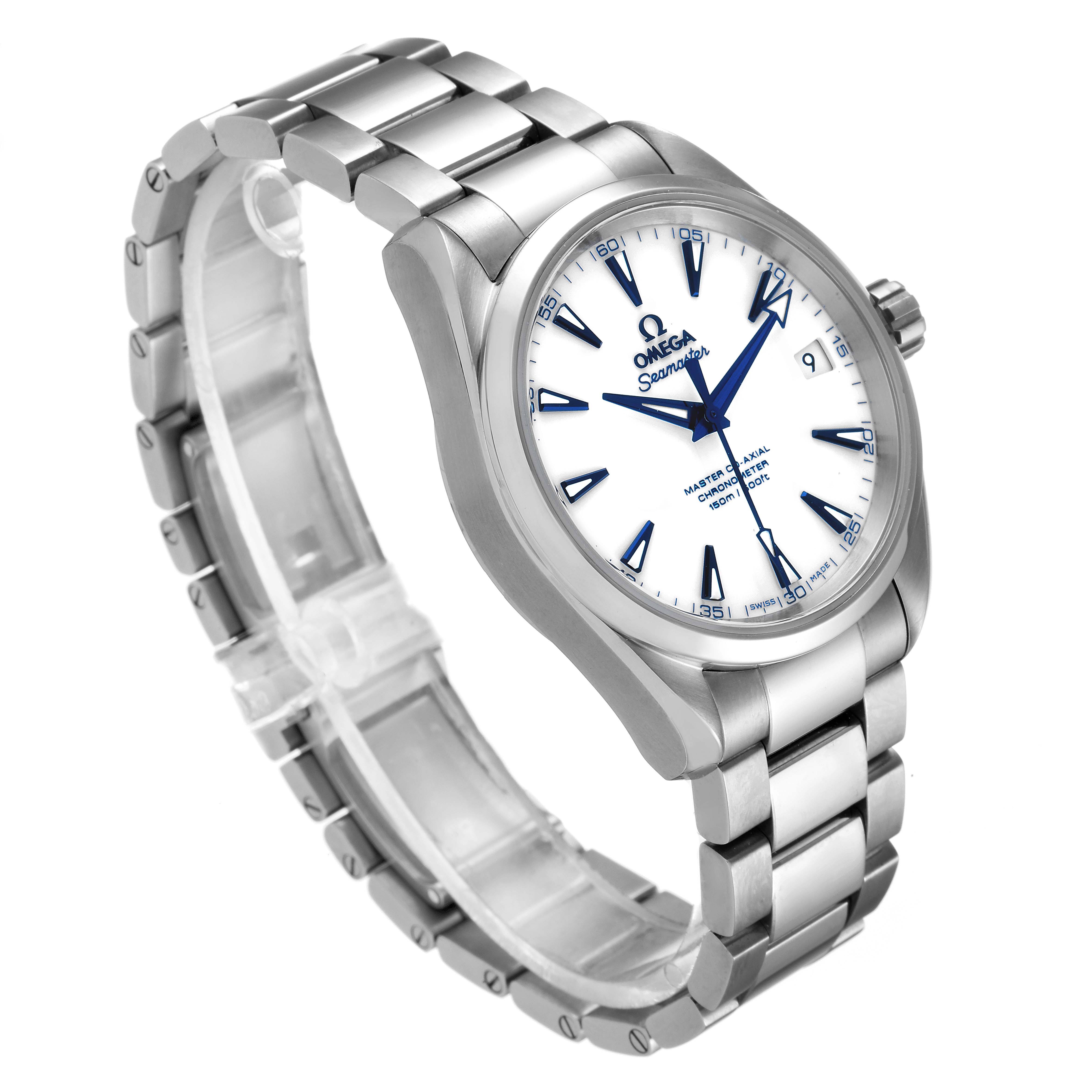 The image shows an Omega Aqua Terra 231.90.39.21.04.001 Men's Titanium White Dial 231.90.39.21.04.001 Men's Titanium White Dial watch from an angled side view, highlighting the face, case, and bracelet.