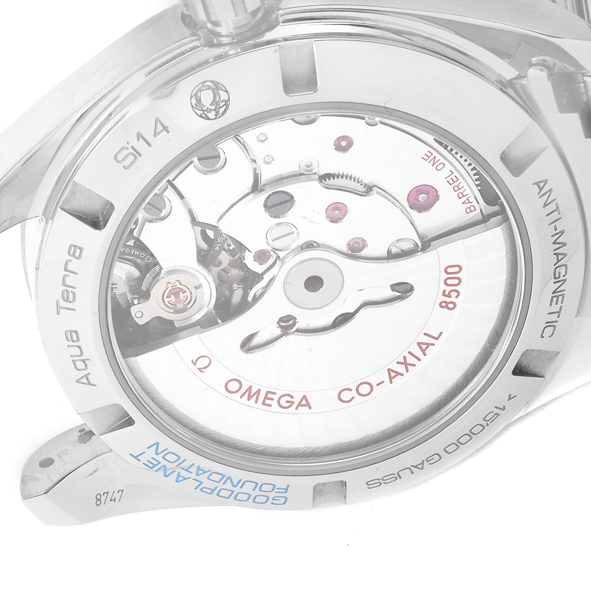 This image shows the transparent case back of the Omega Aqua Terra 231.90.39.21.04.001 Men's Titanium White Dial 231.90.39.21.04.001 Men's Titanium White Dial watch, revealing the Co-Axial 8500 movement inside.