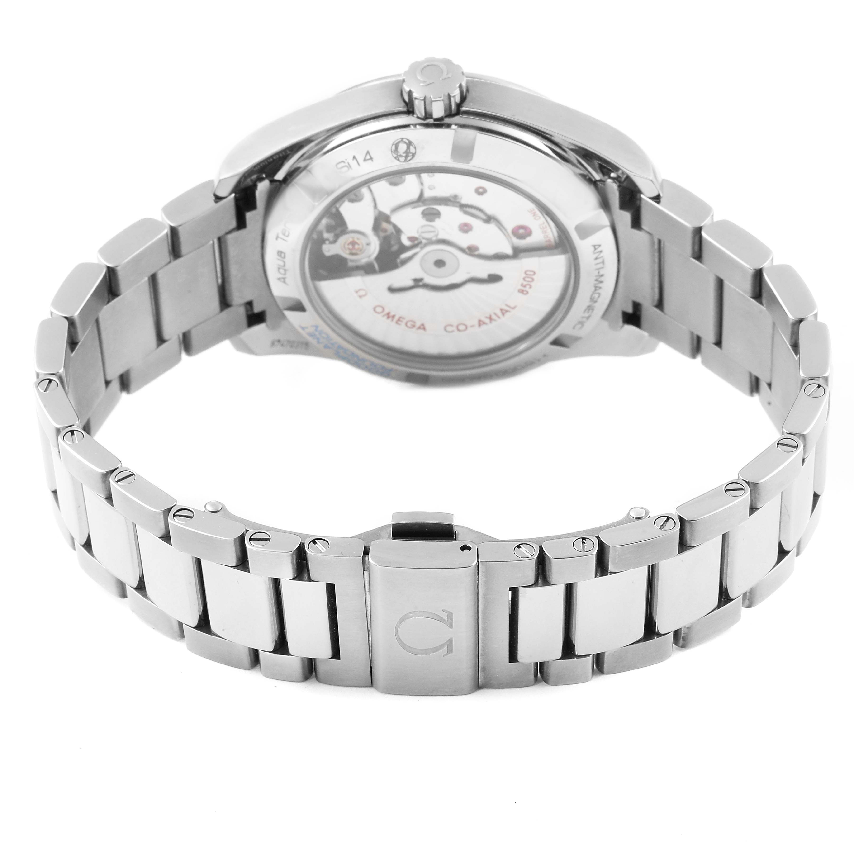 This image shows the back case and metal bracelet of the Omega Aqua Terra 231.90.39.21.04.001 Men's Titanium White Dial 231.90.39.21.04.001 Men's Titanium White Dial watch, emphasizing its movement and clasp.