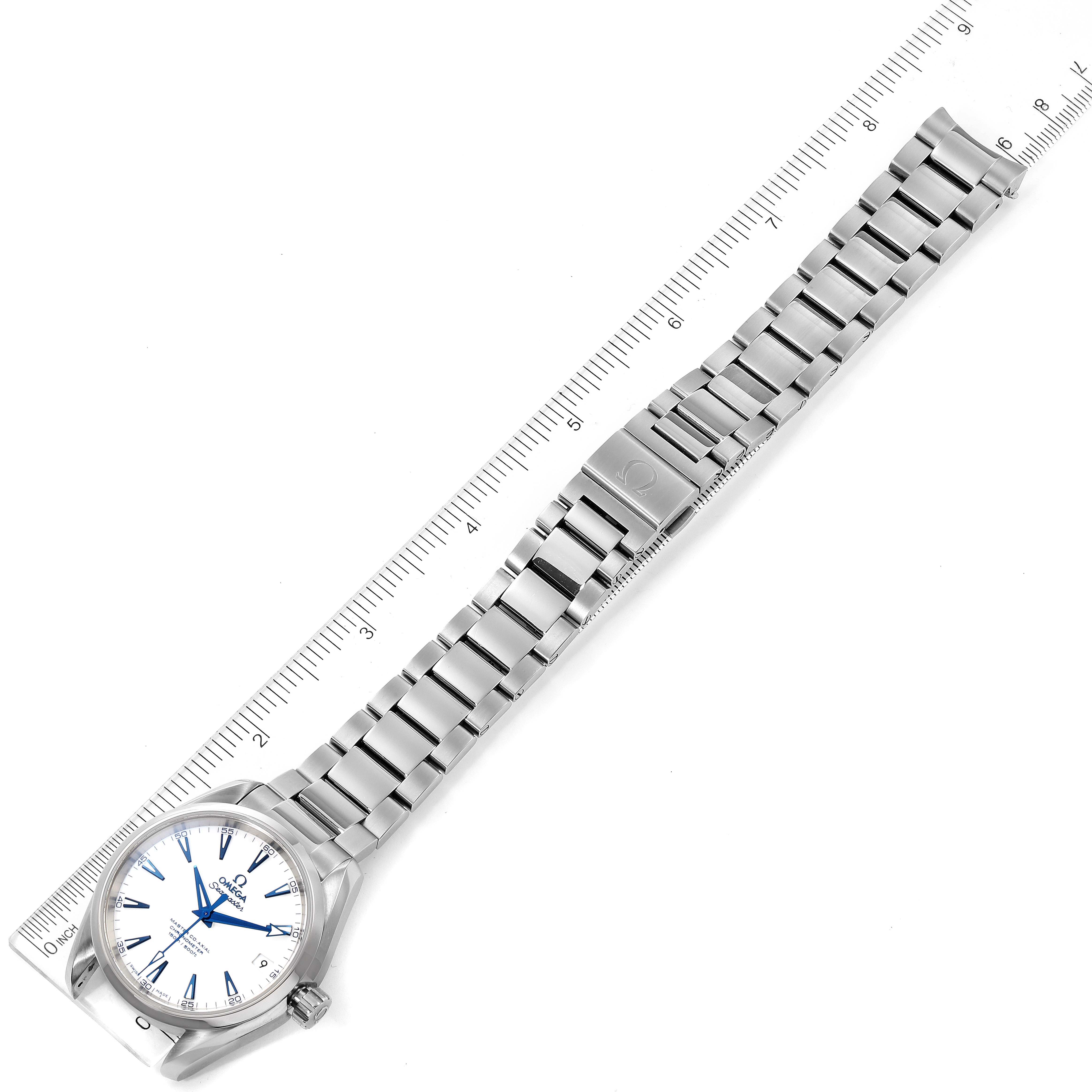 The image shows an Omega Aqua Terra 231.90.39.21.04.001 Men's Titanium White Dial 231.90.39.21.04.001 Men's Titanium White Dial watch laid flat with a ruler, highlighting its full bracelet and clasp.