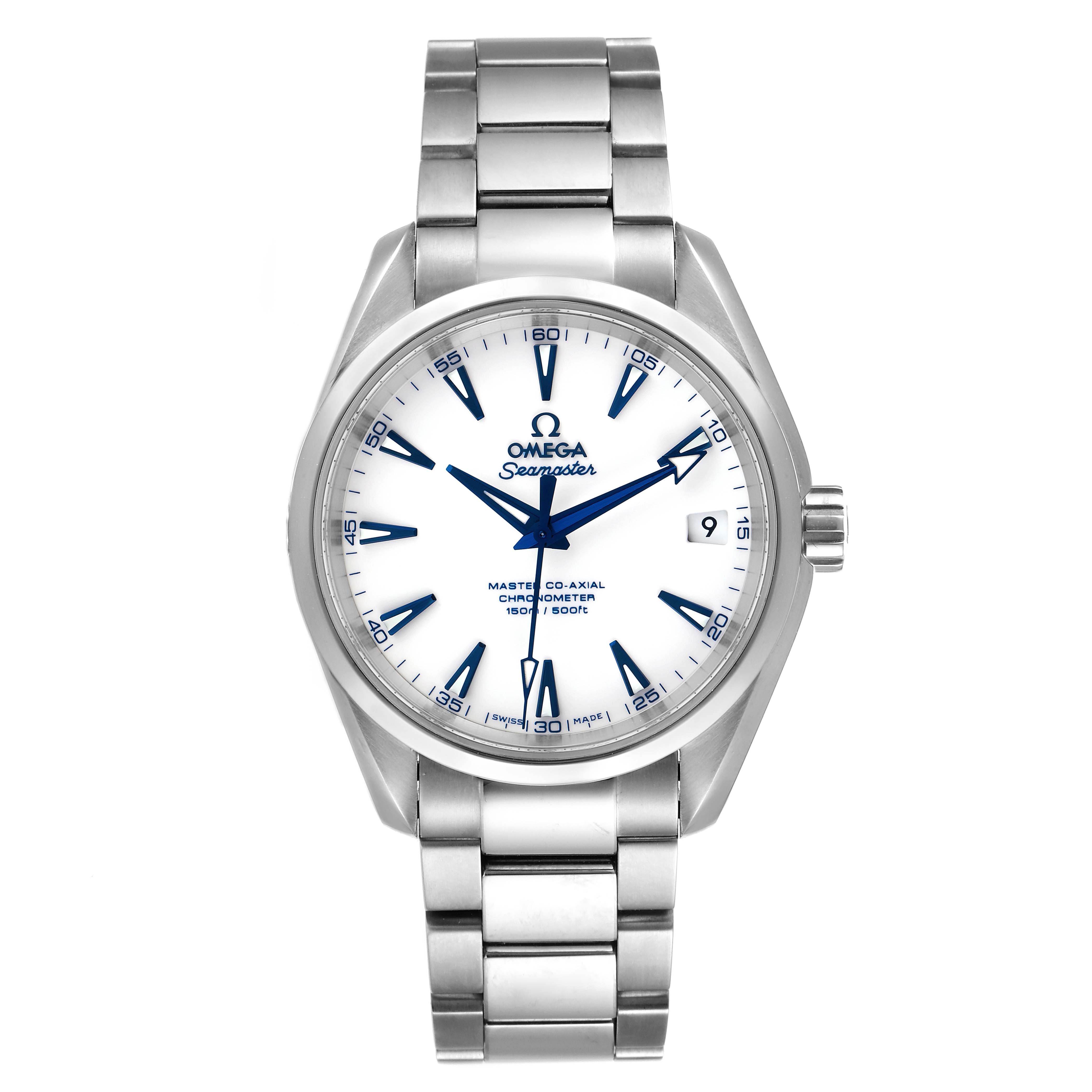 The image shows a frontal view of the Omega Aqua Terra 231.90.39.21.04.001 Men's Titanium White Dial 231.90.39.21.04.001 Men's Titanium White Dial watch, displaying its face, dial, hands, date window, and bracelet.