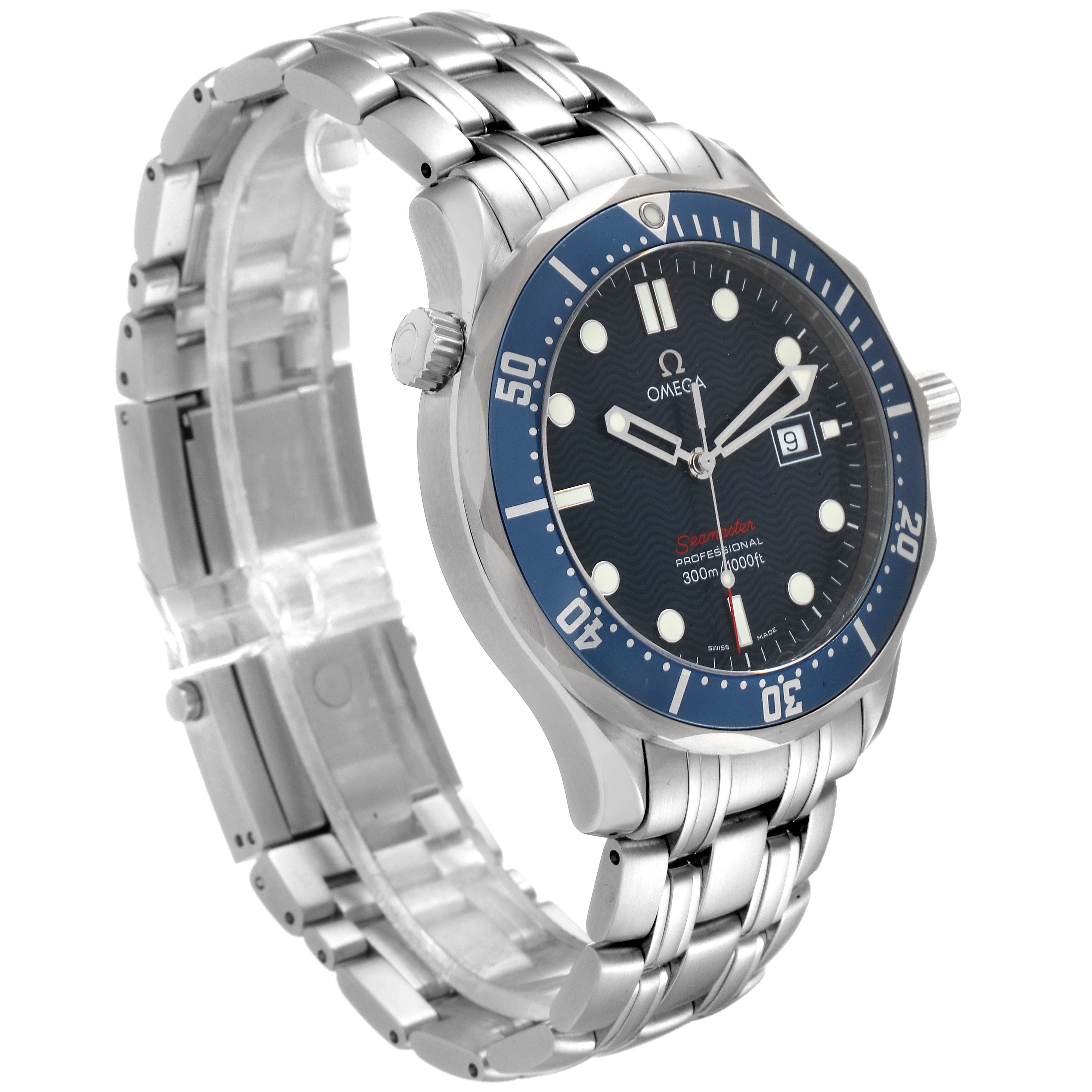 The Omega Seamaster 2221.80.00 Men
s Stainless Steel Blue Dial 2221.80.00 Men
s Stainless Steel Blue Dial watch is shown at a three-quarter angle, displaying the face, bezel, bracelet, and crown.