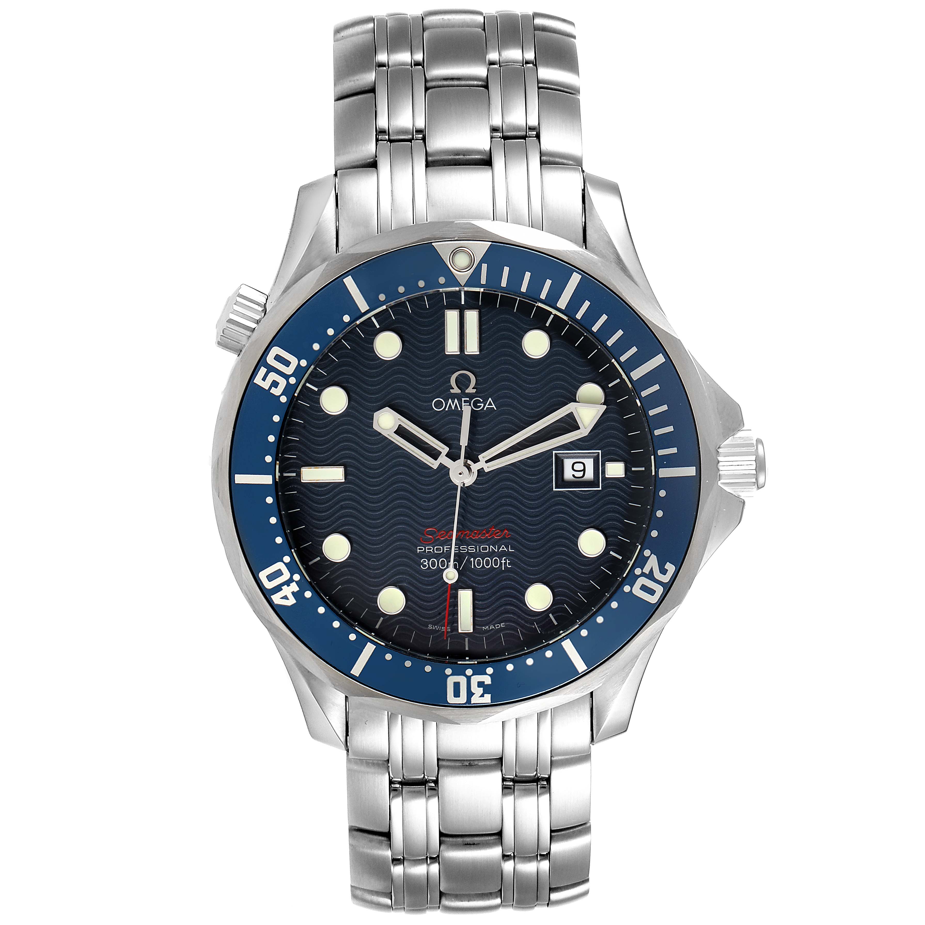 This Omega Seamaster 2221.80.00 Men
s Stainless Steel Blue Dial 2221.80.00 Men
s Stainless Steel Blue Dial watch is shown from a front angle, showcasing its face, bezel, and metal bracelet.