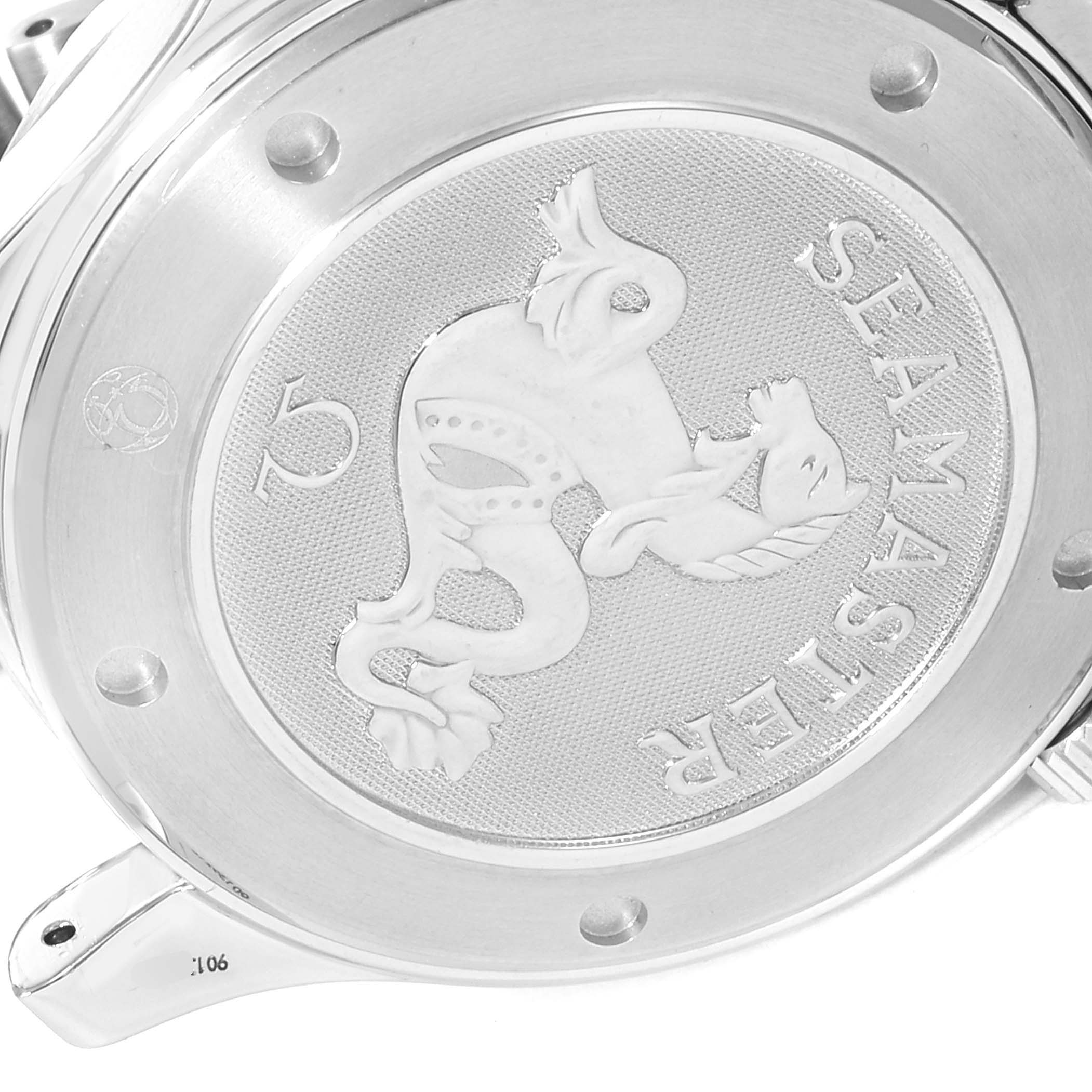 This image shows the case back of an Omega Seamaster 2221.80.00 Men
s Stainless Steel Blue Dial 2221.80.00 Men
s Stainless Steel Blue Dial watch, highlighting its embossed seahorse logo and branding.