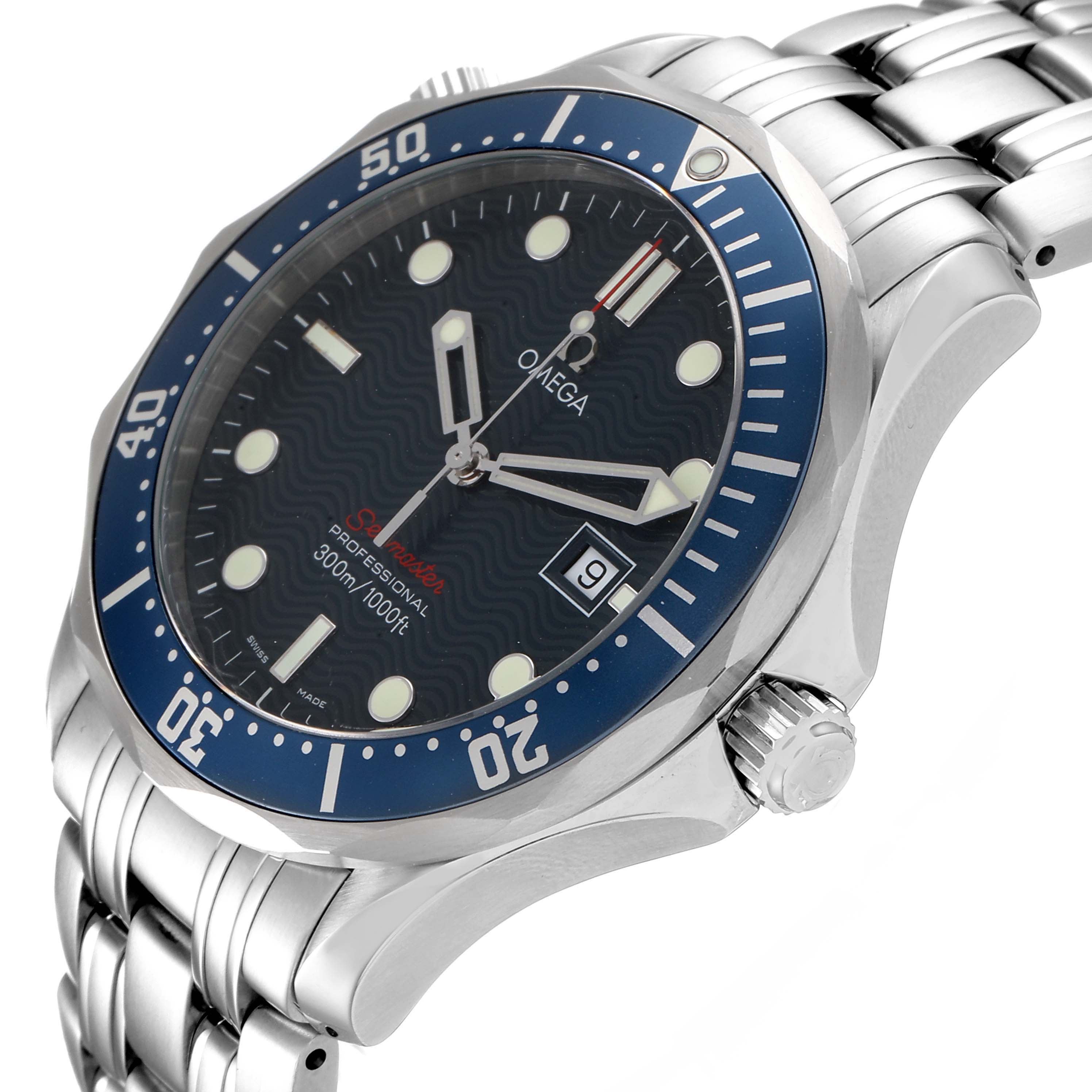 The Omega Seamaster 2221.80.00 Men
s Stainless Steel Blue Dial 2221.80.00 Men
s Stainless Steel Blue Dial watch is shown at a three-quarter angle, highlighting the face, bezel, crown, and part of the bracelet.