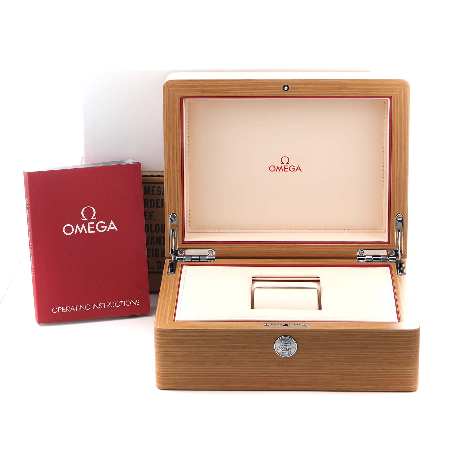 The image shows an open Omega Seamaster 213.30.42.40.01.001 Men
s Stainless Steel Black Dial 213.30.42.40.01.001 Men
s Stainless Steel Black Dial watch box and its red operating instructions booklet.