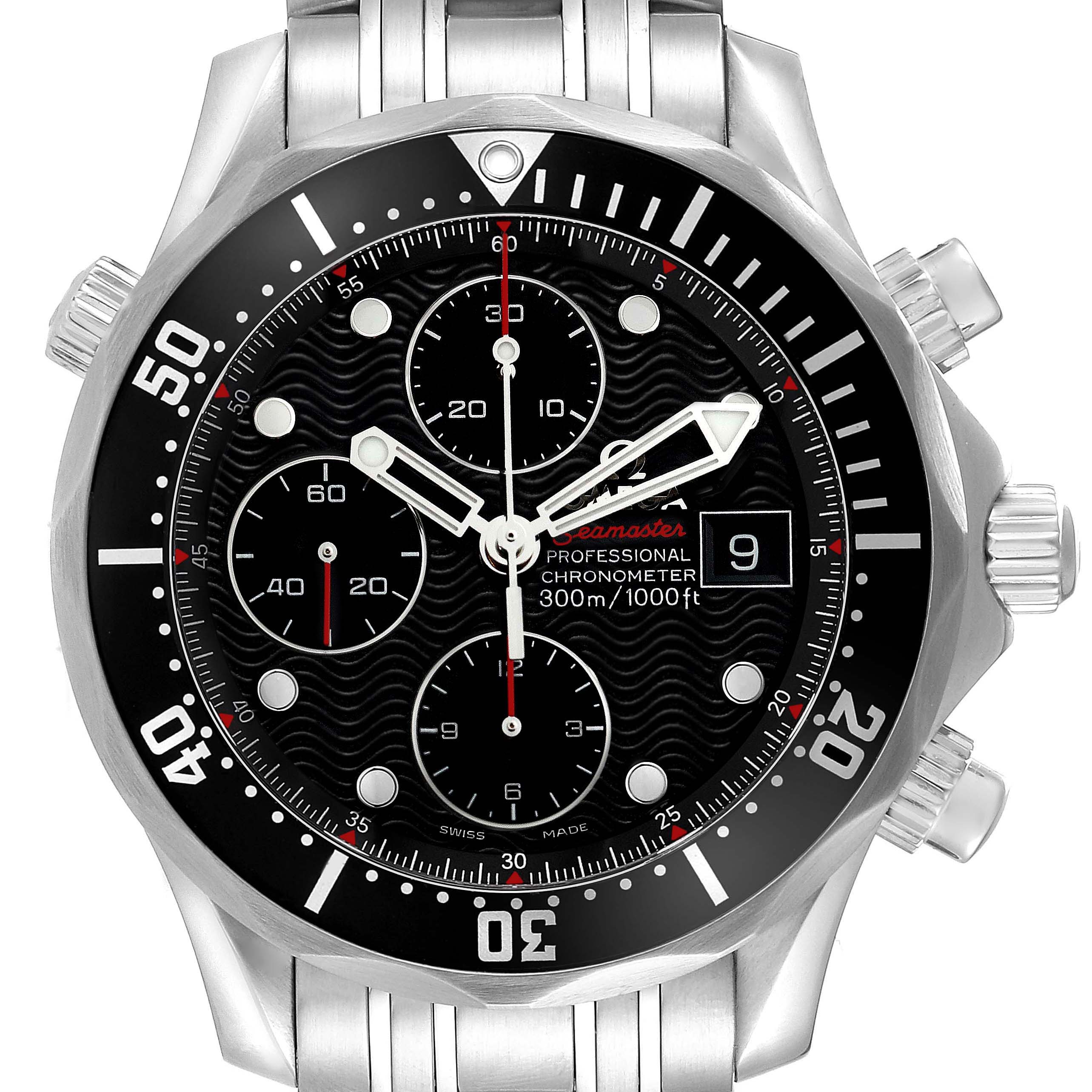 The Omega Seamaster 213.30.42.40.01.001 Men
s Stainless Steel Black Dial 213.30.42.40.01.001 Men
s Stainless Steel Black Dial watch is shown from the front, highlighting the bezel, dial, subdials, and bracelet.