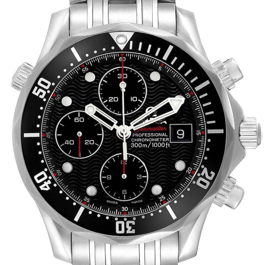 The Omega Seamaster watch is shown from the front, highlighting the bezel, dial, subdials, and bracelet.