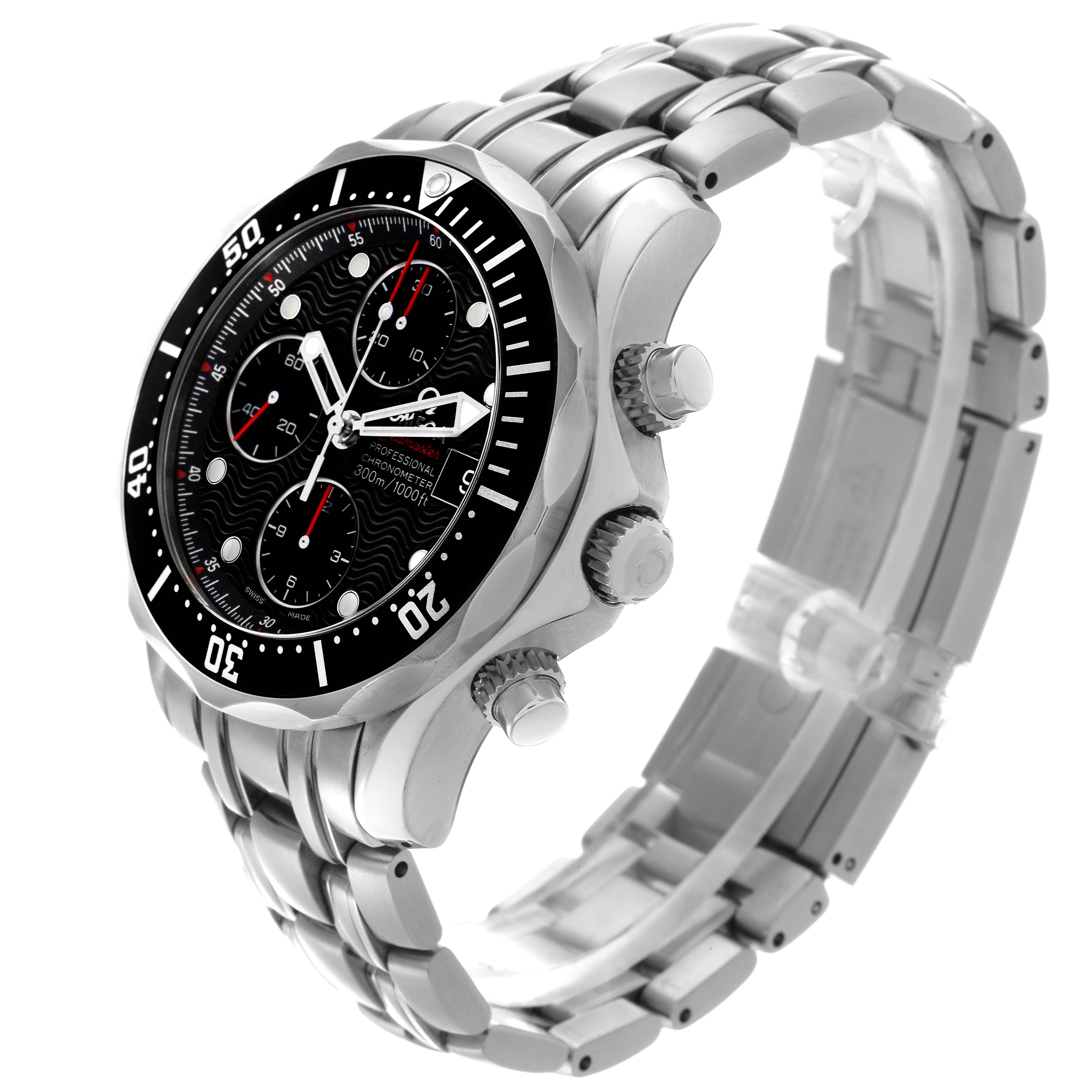 The Omega Seamaster 213.30.42.40.01.001 Men
s Stainless Steel Black Dial 213.30.42.40.01.001 Men
s Stainless Steel Black Dial watch is shown at an angle highlighting the face, bezel, crown, and stainless steel bracelet.