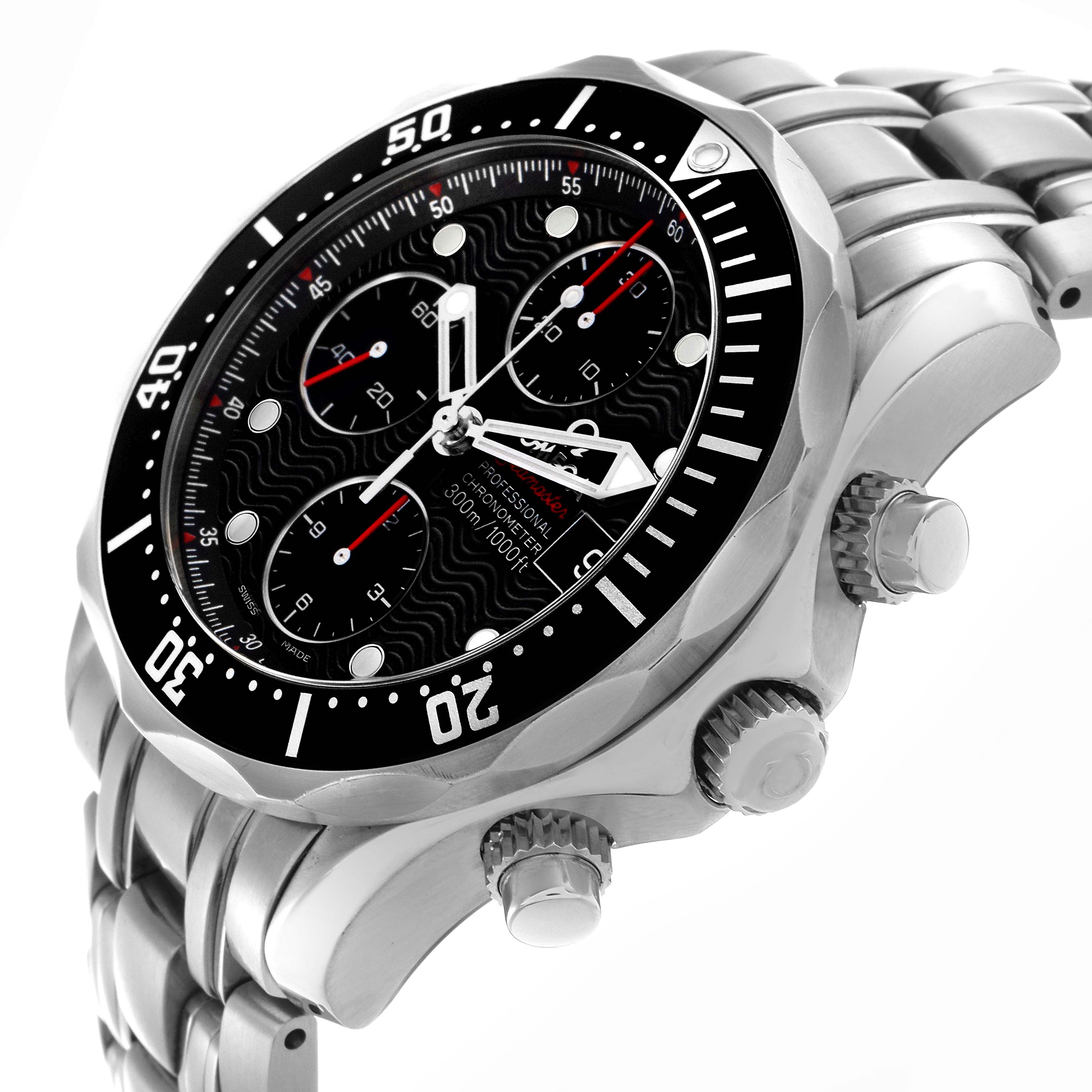 The Omega Seamaster 213.30.42.40.01.001 Men
s Stainless Steel Black Dial 213.30.42.40.01.001 Men
s Stainless Steel Black Dial watch is shown at a slight angle, highlighting the bezel, crown, subdials, and bracelet.
