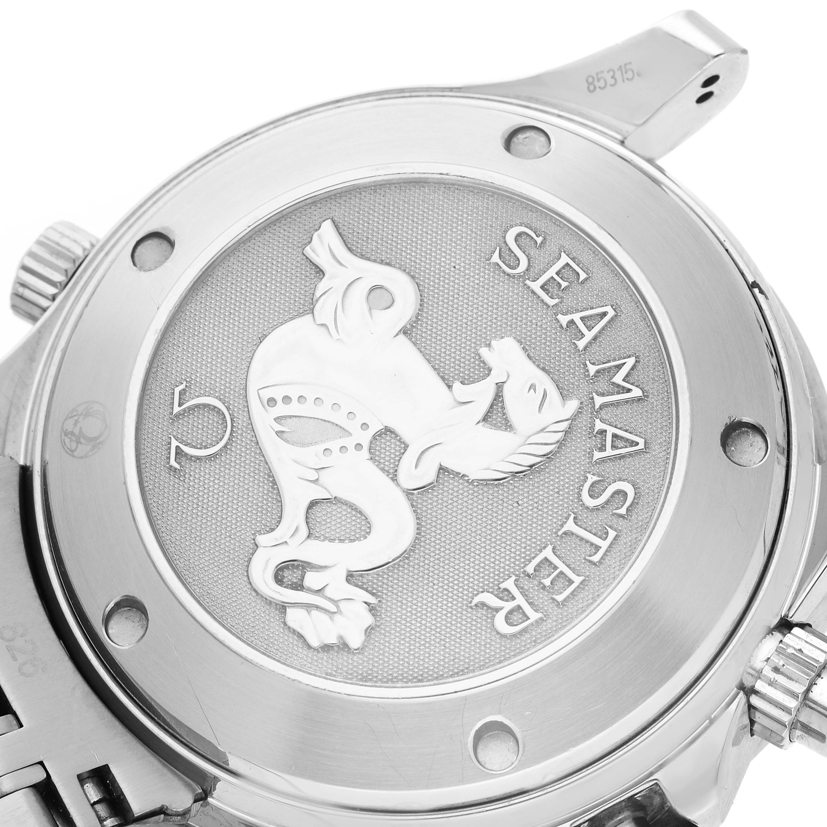 The image shows the back of an Omega Seamaster 213.30.42.40.01.001 Men
s Stainless Steel Black Dial 213.30.42.40.01.001 Men
s Stainless Steel Black Dial, featuring the engraved logo and case details.