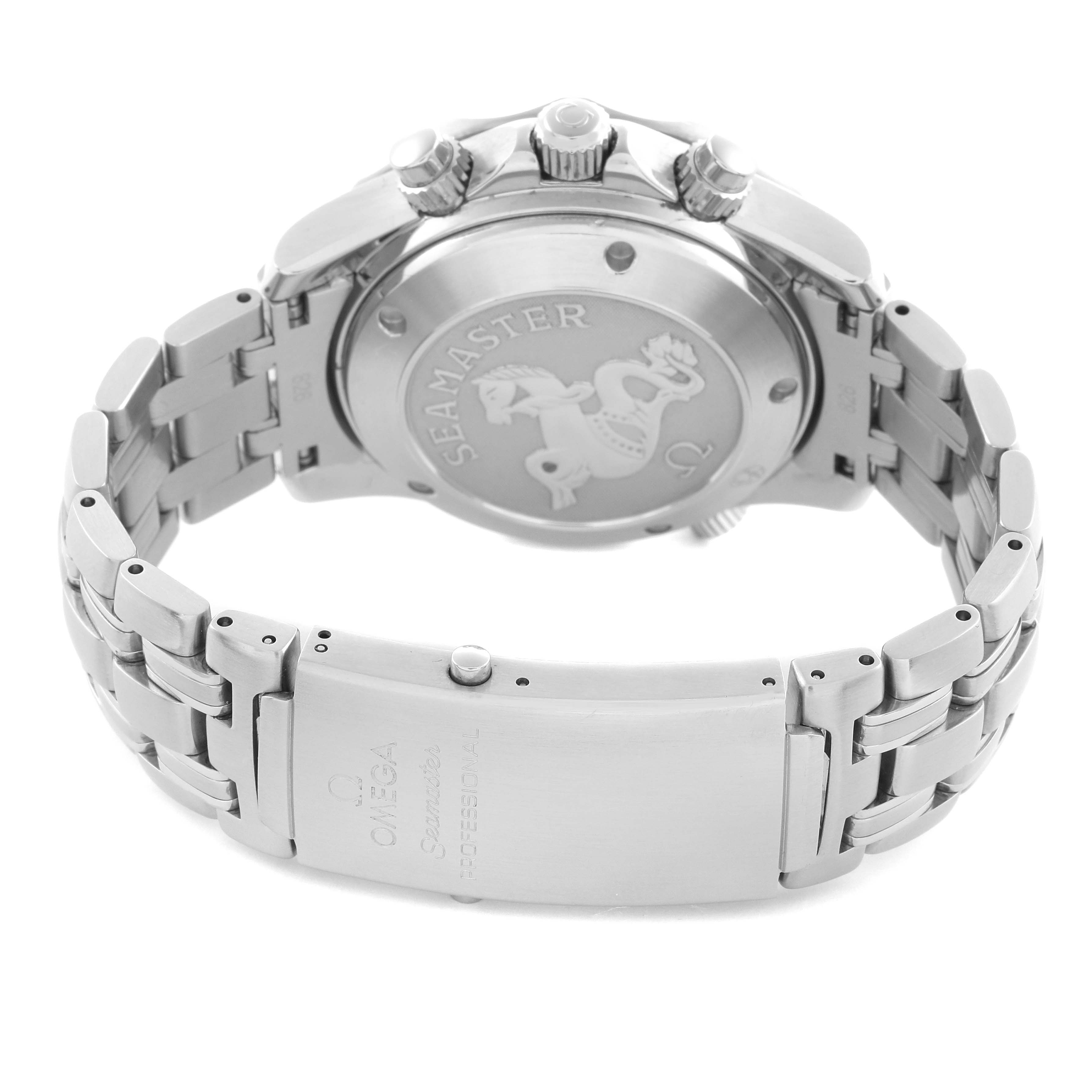 The image shows the back and side of the Omega Seamaster 213.30.42.40.01.001 Men
s Stainless Steel Black Dial 213.30.42.40.01.001 Men
s Stainless Steel Black Dial watch, highlighting the bracelet, clasp, case back, and crown.