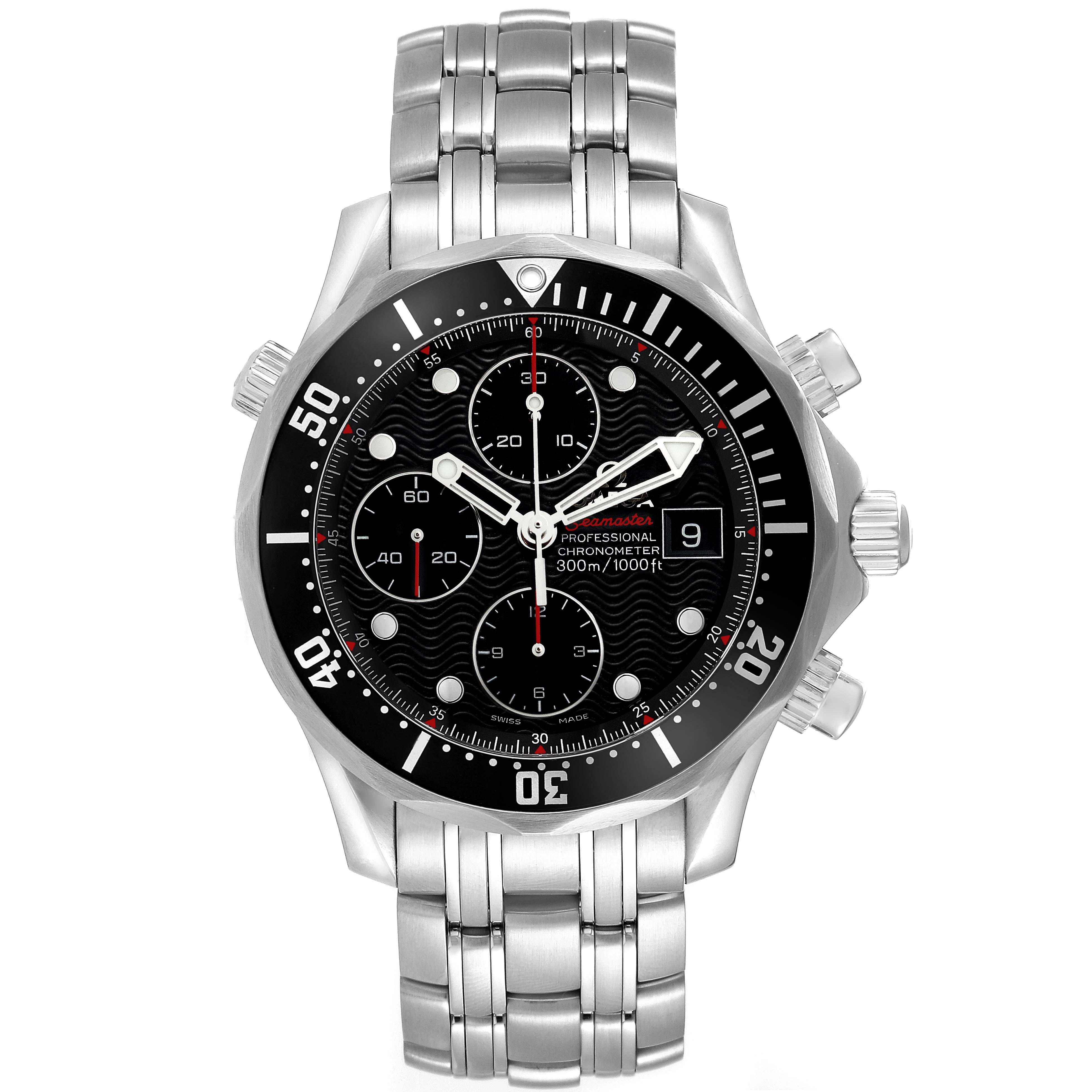 The Omega Seamaster 213.30.42.40.01.001 Men
s Stainless Steel Black Dial 213.30.42.40.01.001 Men
s Stainless Steel Black Dial watch is shown from a top view, highlighting its face, bezel, and stainless steel bracelet.