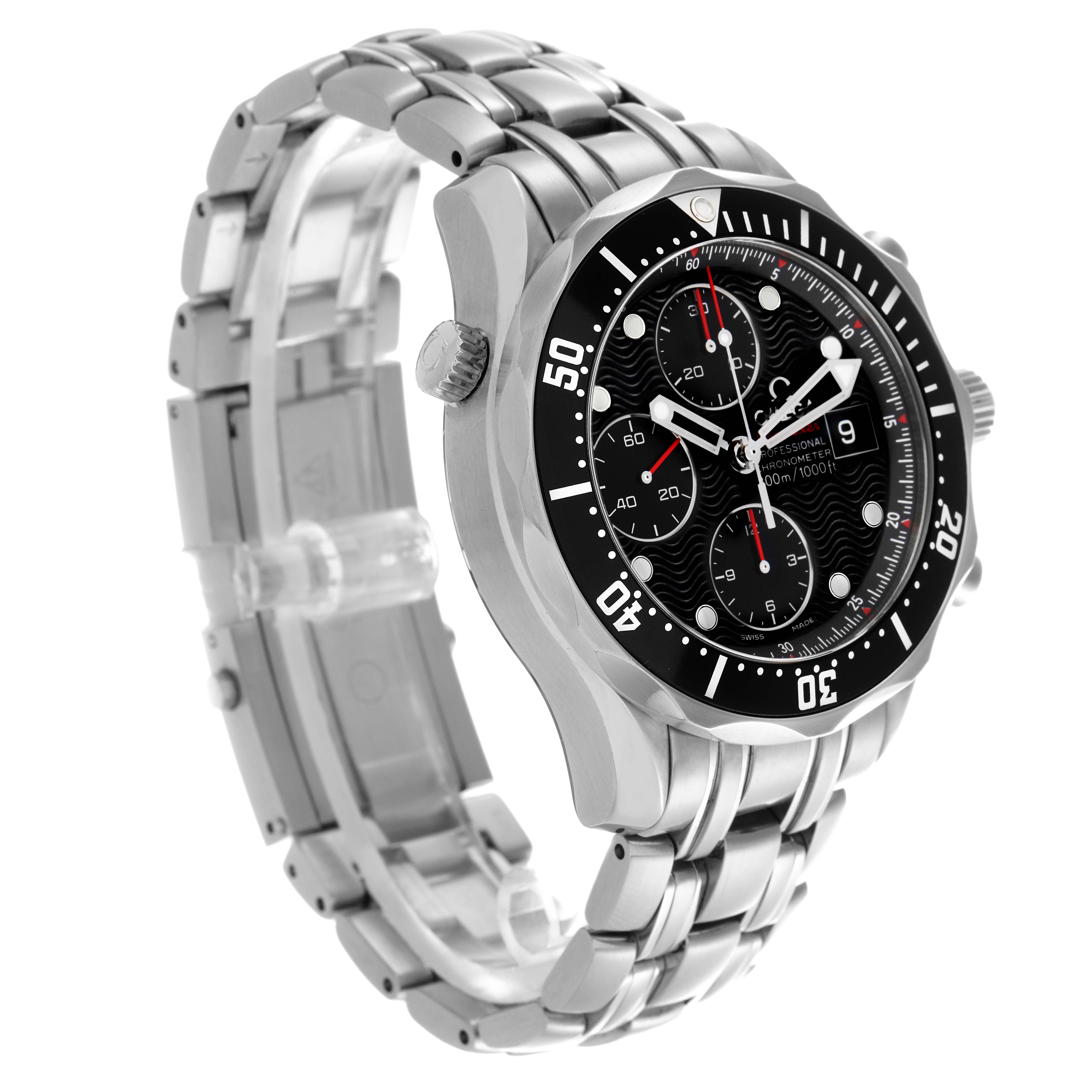 The Omega Seamaster 213.30.42.40.01.001 Men
s Stainless Steel Black Dial 213.30.42.40.01.001 Men
s Stainless Steel Black Dial watch is shown from a three-quarter angle, highlighting the face, bezel, crown, and bracelet.