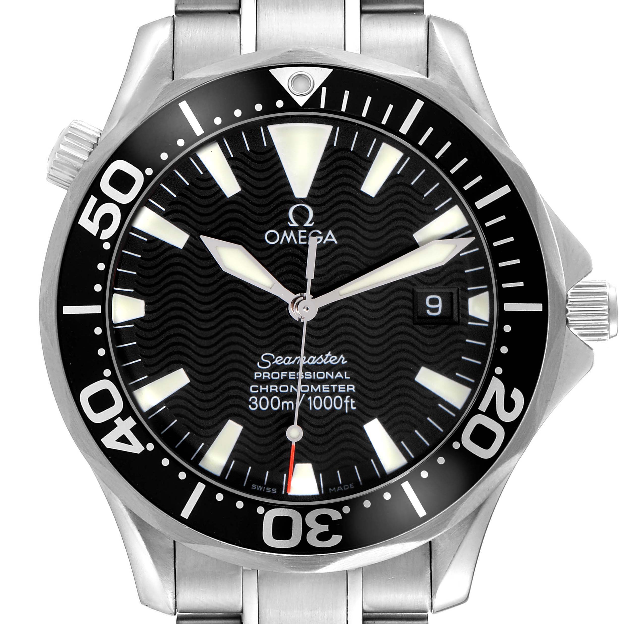 The Omega Seamaster 2254.50.00 Men
s Stainless Steel Black Dial 2254.50.00 Men
s Stainless Steel Black Dial watch is shown from a front angle, highlighting the dial, bezel, hands, date window, and part of the bracelet.