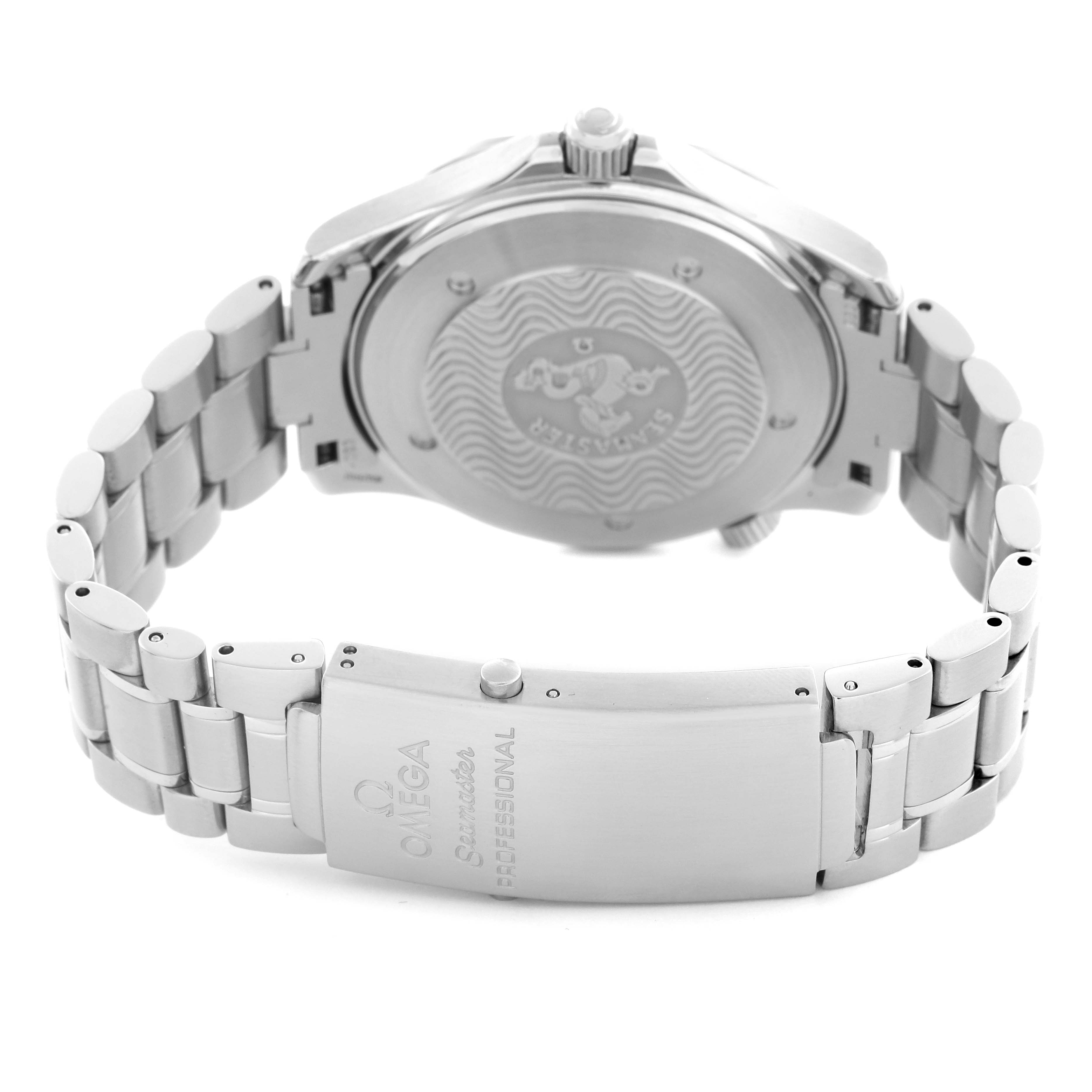 The Omega Seamaster 2254.50.00 Men
s Stainless Steel Black Dial 2254.50.00 Men
s Stainless Steel Black Dial watch is shown from the back, highlighting its clasp, bracelet, and case back with engraving.