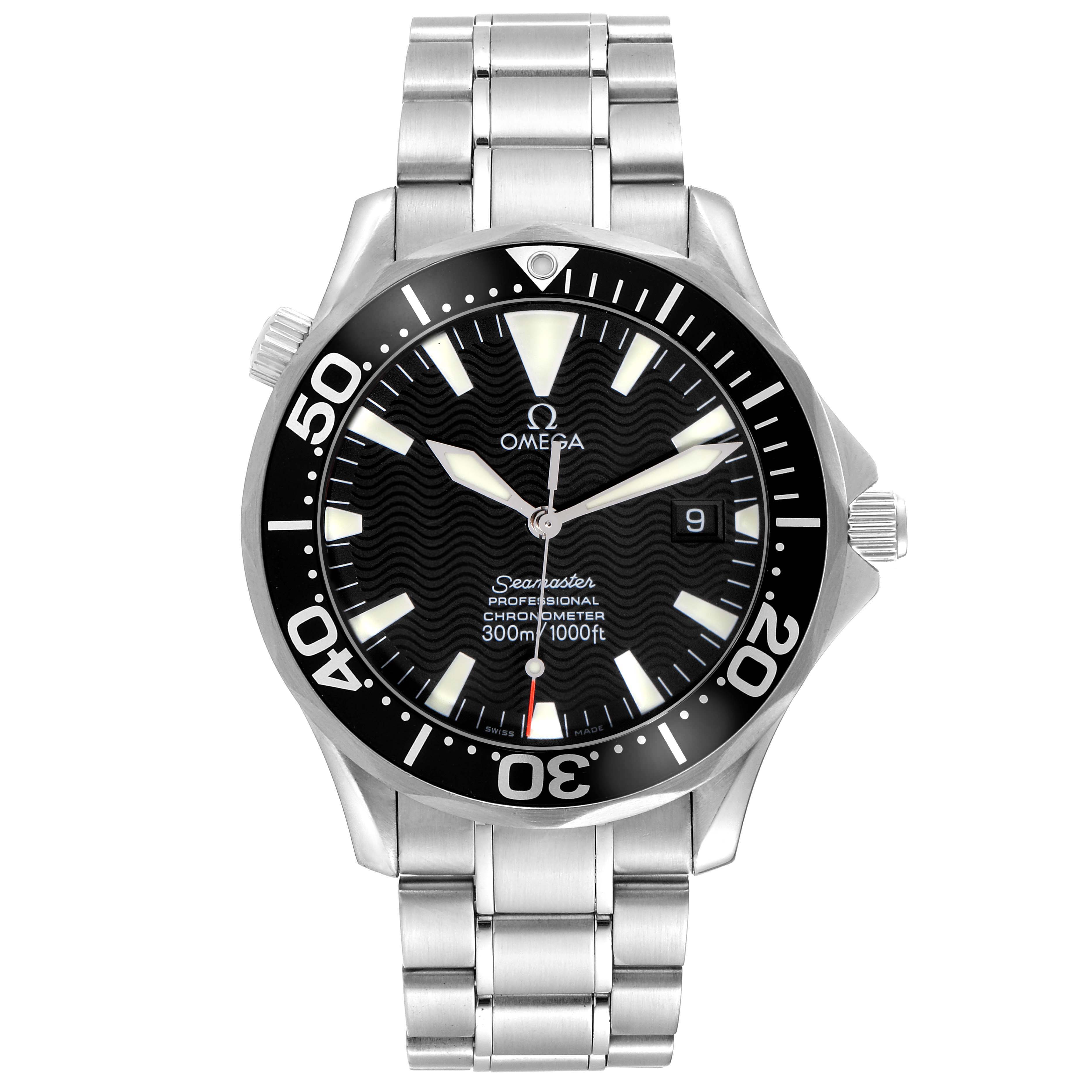 The Omega Seamaster 2254.50.00 Men
s Stainless Steel Black Dial 2254.50.00 Men
s Stainless Steel Black Dial watch is shown from a front angle, displaying its dial, bezel, and bracelet.