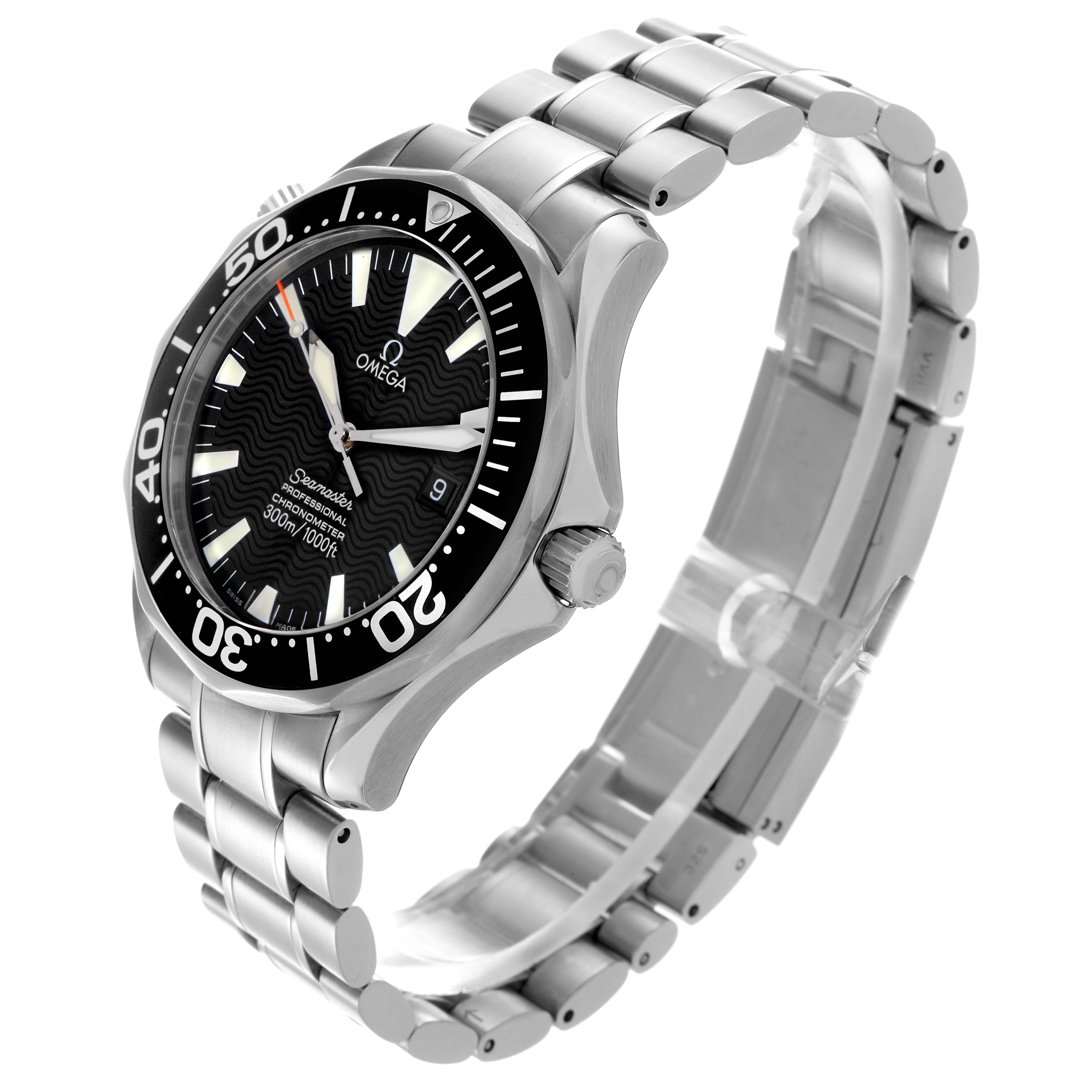 The Omega Seamaster 2254.50.00 Men
s Stainless Steel Black Dial 2254.50.00 Men
s Stainless Steel Black Dial watch is shown from a three-quarter angle, highlighting the face, bezel, and bracelet.