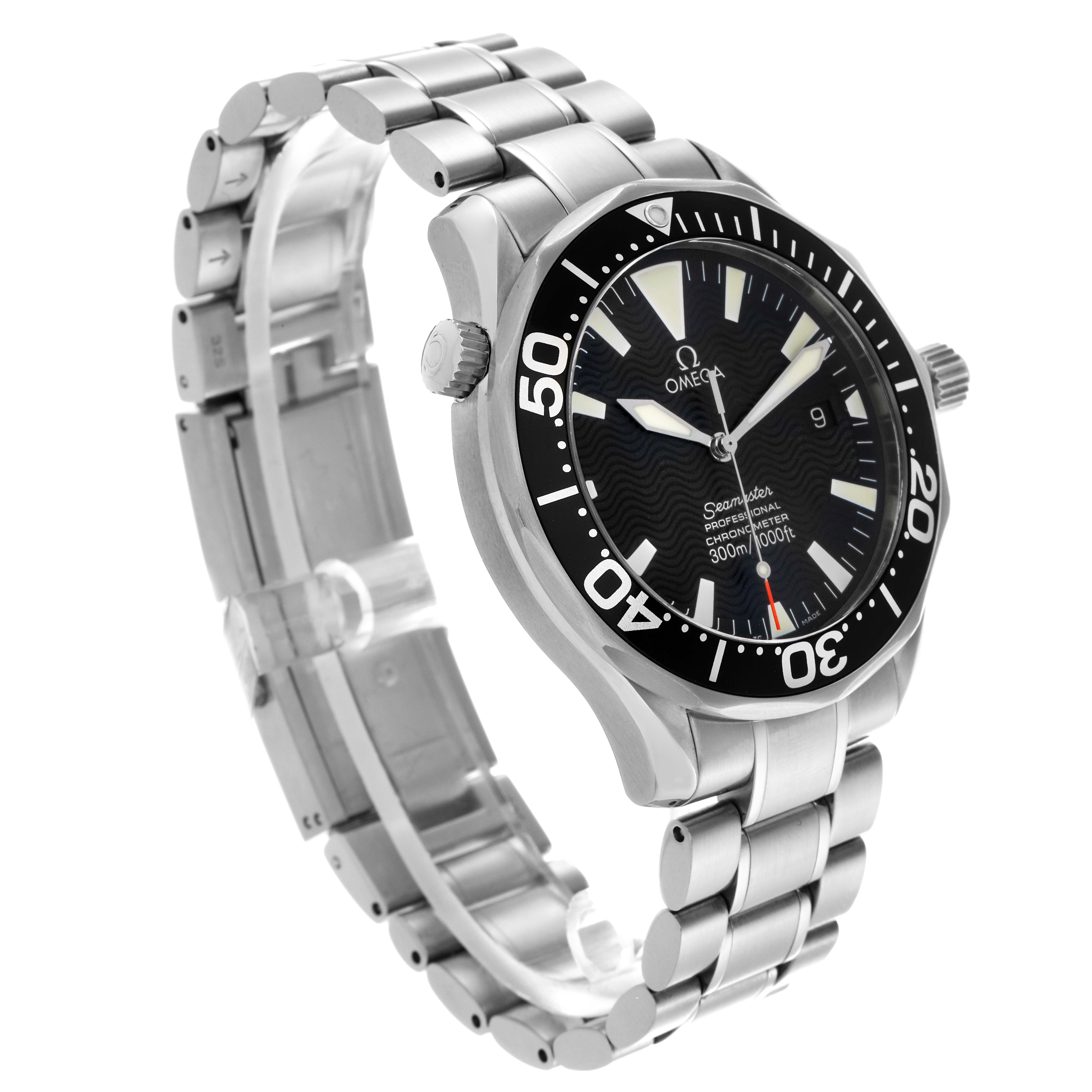 The Omega Seamaster 2254.50.00 Men
s Stainless Steel Black Dial 2254.50.00 Men
s Stainless Steel Black Dial watch is shown at a three-quarter angle, highlighting the bezel, dial, crown, and stainless steel bracelet.