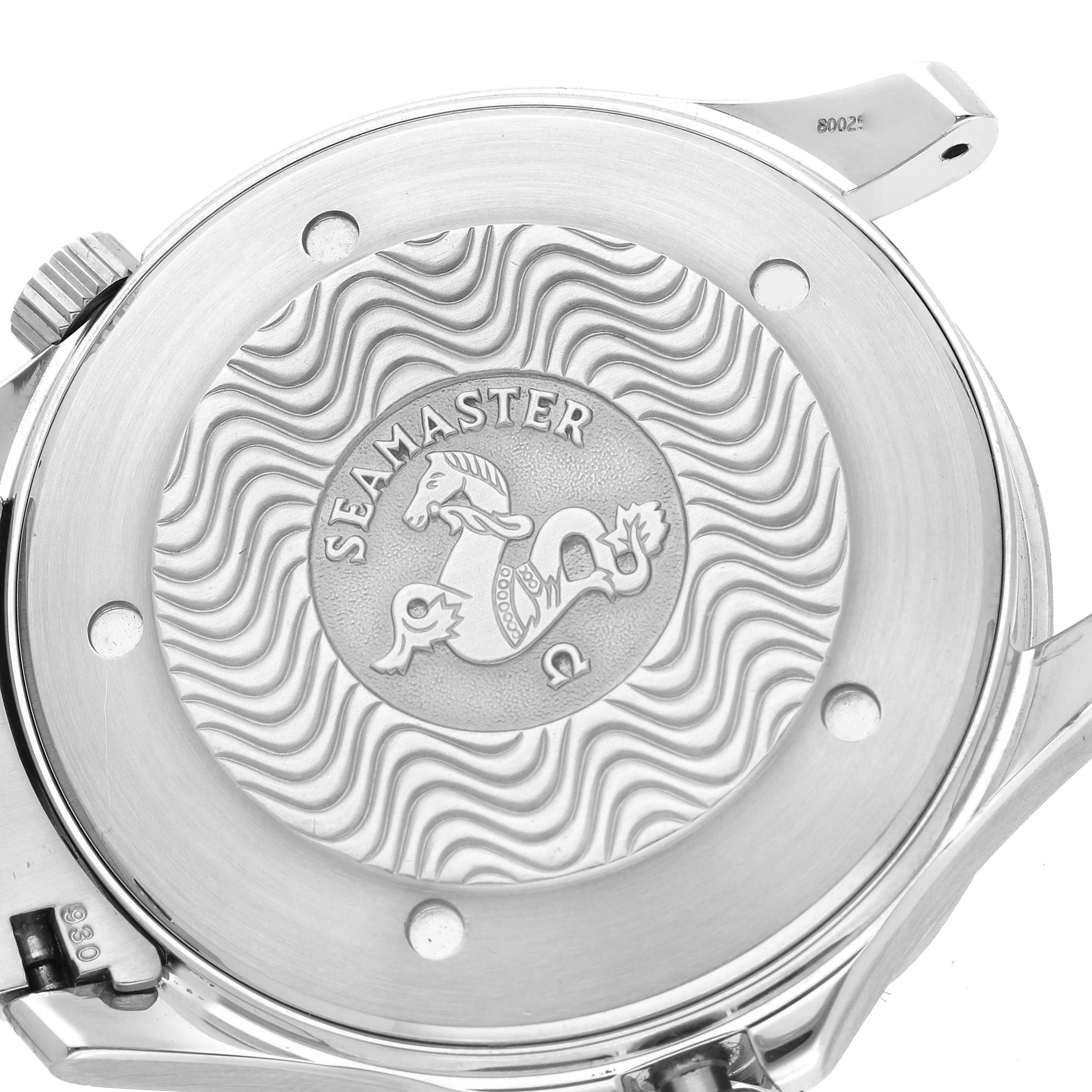 The image shows the back case of an Omega Seamaster 2254.50.00 Men
s Stainless Steel Black Dial 2254.50.00 Men
s Stainless Steel Black Dial, featuring its engraved emblem and wave pattern design.