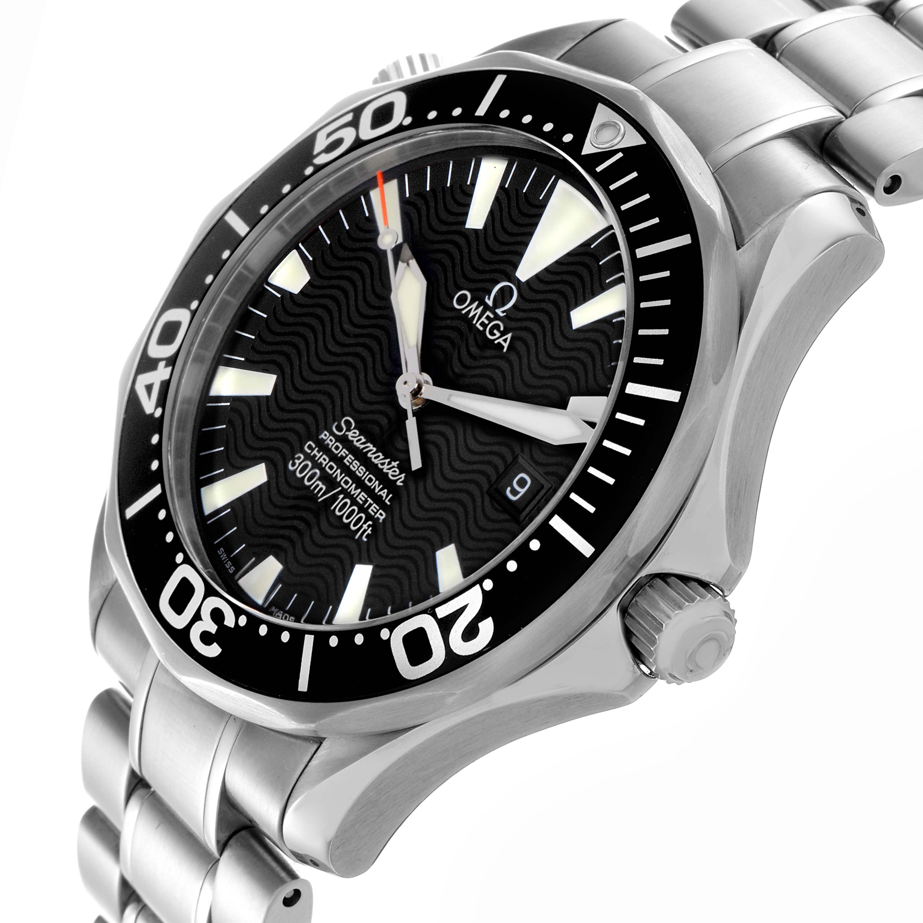 The Omega Seamaster 2254.50.00 Men
s Stainless Steel Black Dial 2254.50.00 Men
s Stainless Steel Black Dial watch is shown at a three-quarter angle, highlighting the bezel, dial, crown, and metal bracelet.