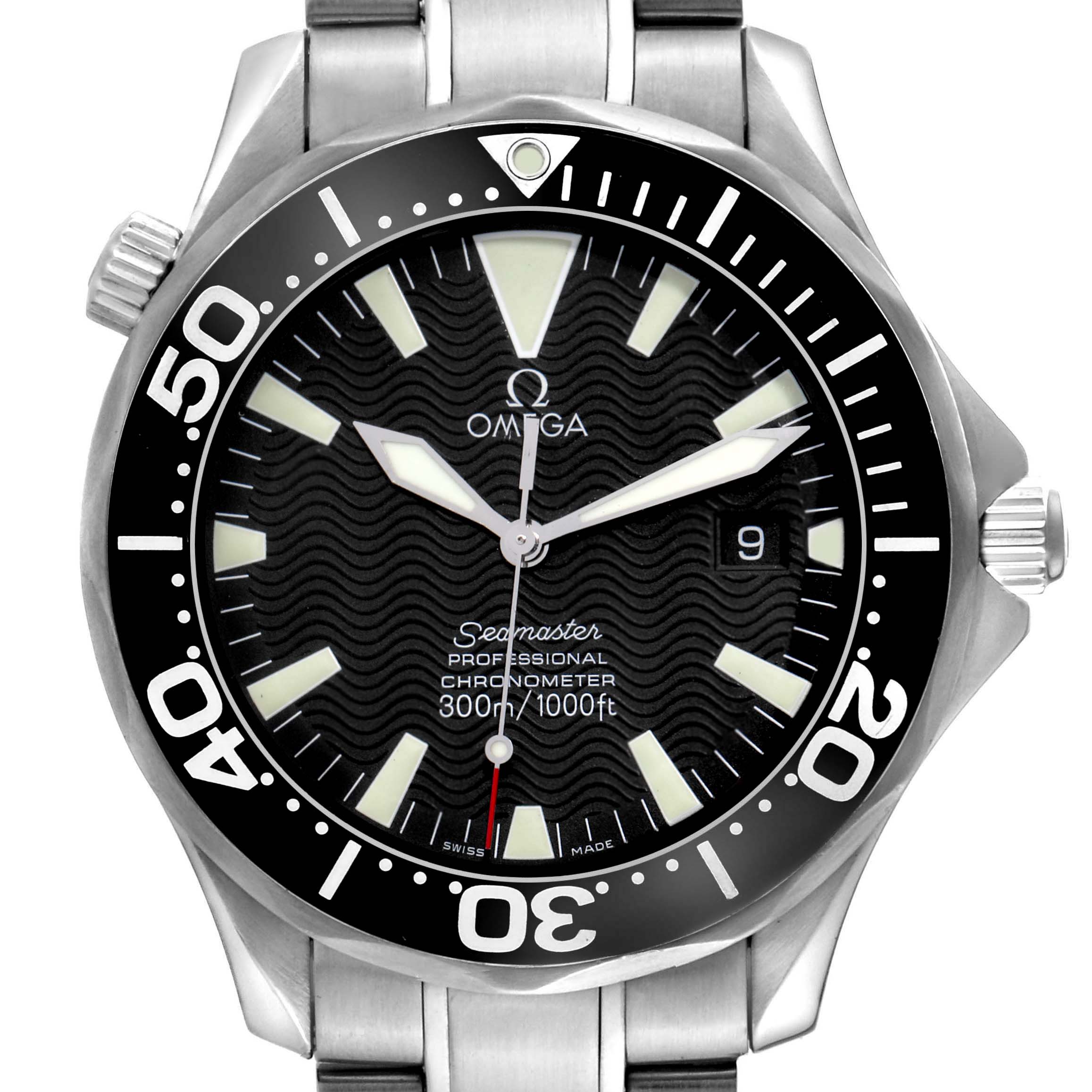 The Omega Seamaster 2254.50.00 Men
s Stainless Steel Black Dial 2254.50.00 Men
s Stainless Steel Black Dial watch is shown from a front angle, highlighting the dial, bezel, case, and part of the bracelet.