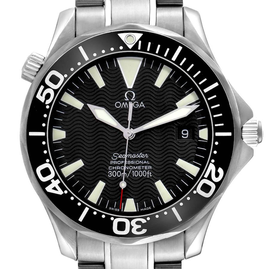 The Omega Seamaster watch is shown from a front angle, highlighting the dial, bezel, case, and part of the bracelet.