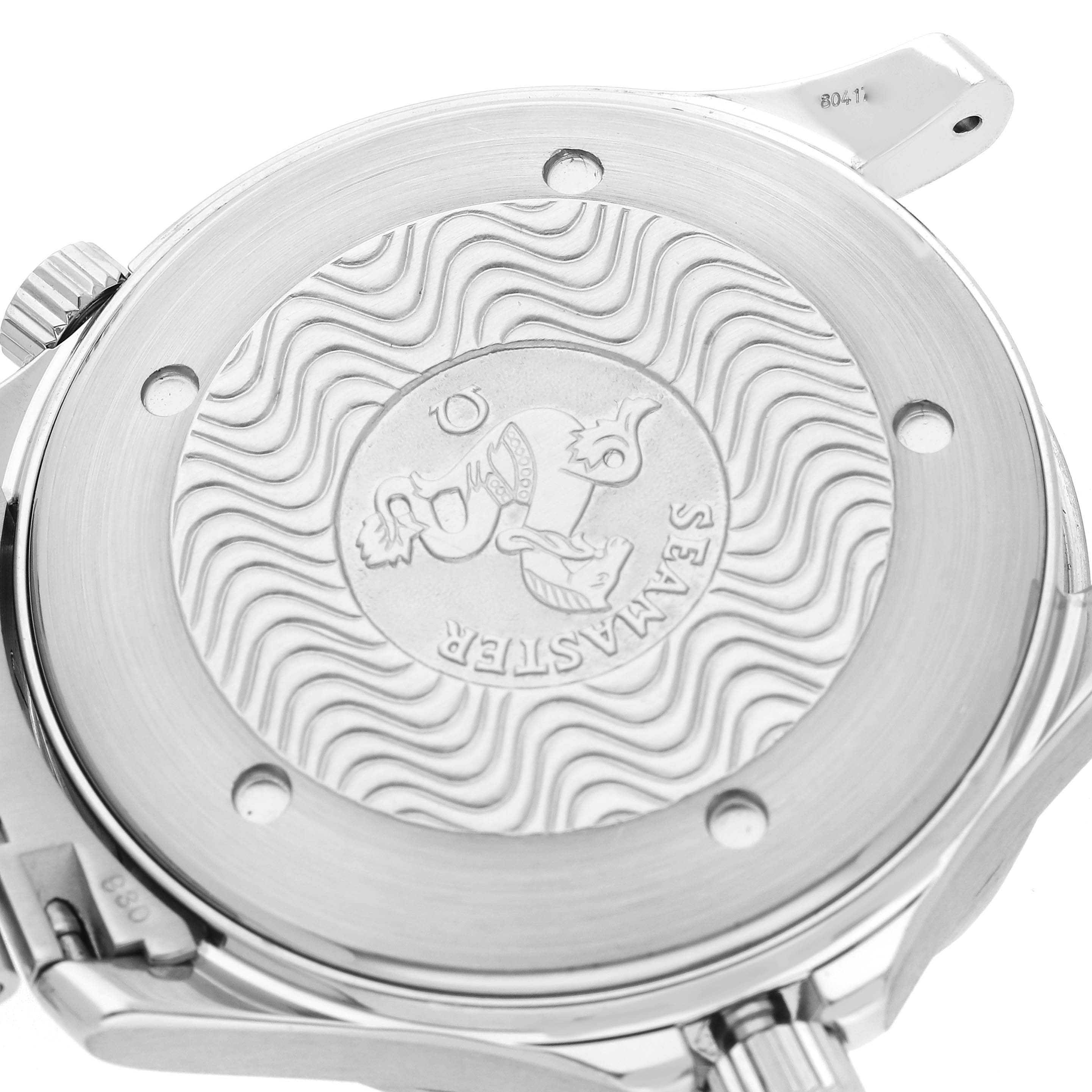 The image shows the back case of an Omega Seamaster 2254.50.00 Men
s Stainless Steel Black Dial 2254.50.00 Men
s Stainless Steel Black Dial watch with engraved detailing.