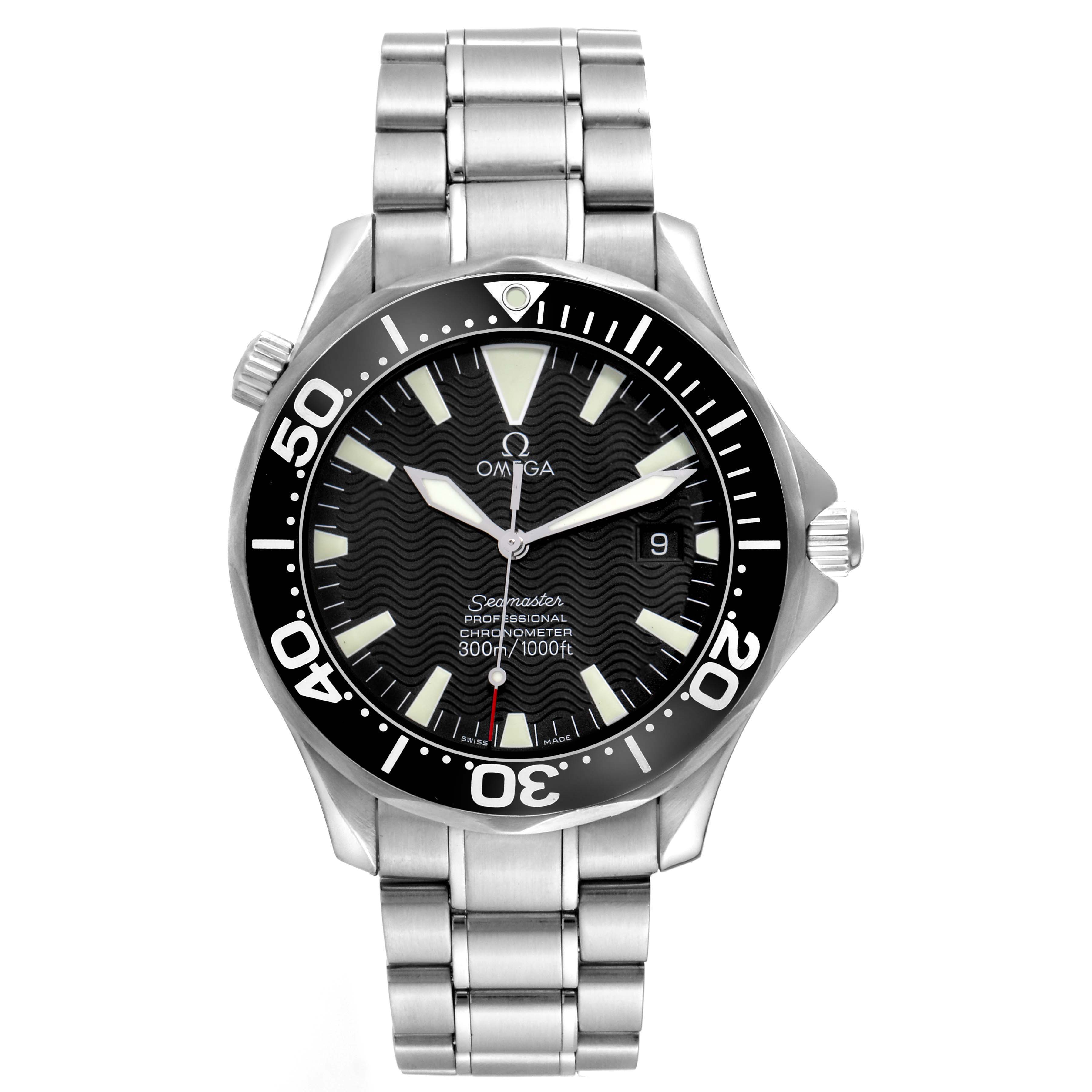 The Omega Seamaster 2254.50.00 Men
s Stainless Steel Black Dial 2254.50.00 Men
s Stainless Steel Black Dial watch is shown from a front view, displaying the face, bezel, and bracelet.