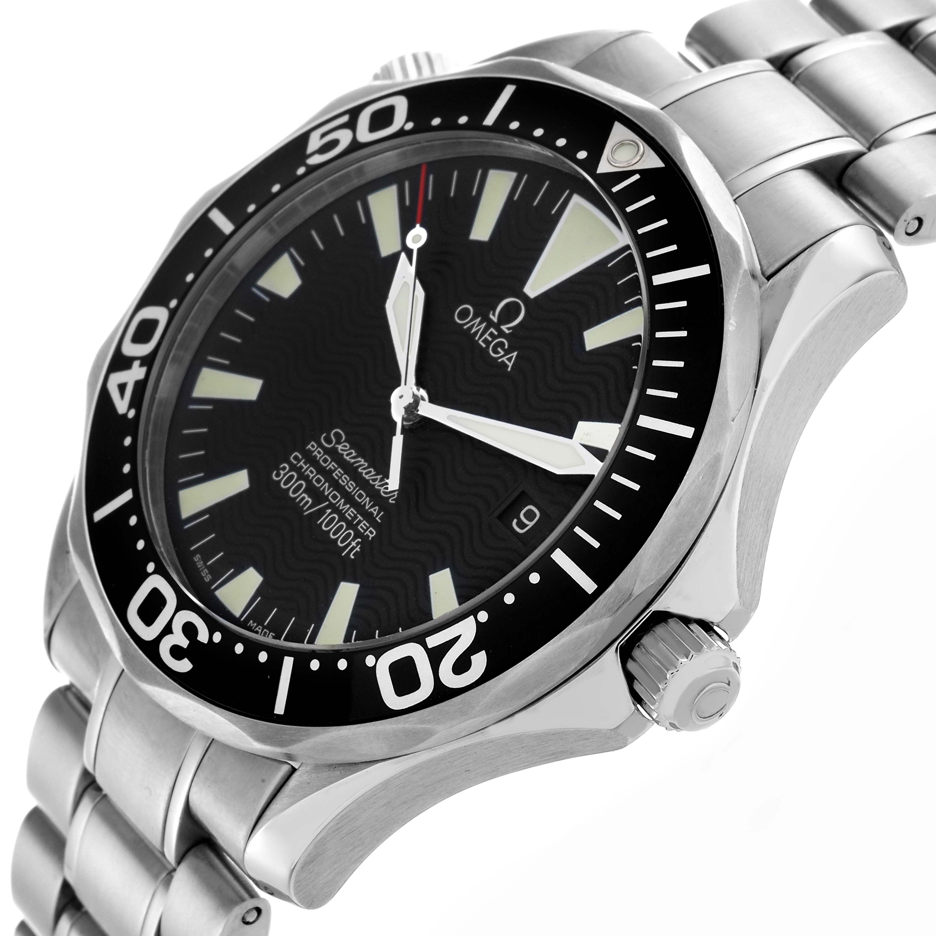 The Omega Seamaster 2254.50.00 Men
s Stainless Steel Black Dial 2254.50.00 Men
s Stainless Steel Black Dial watch is shown at an angled view highlighting the bezel, dial, crown, and part of the bracelet.