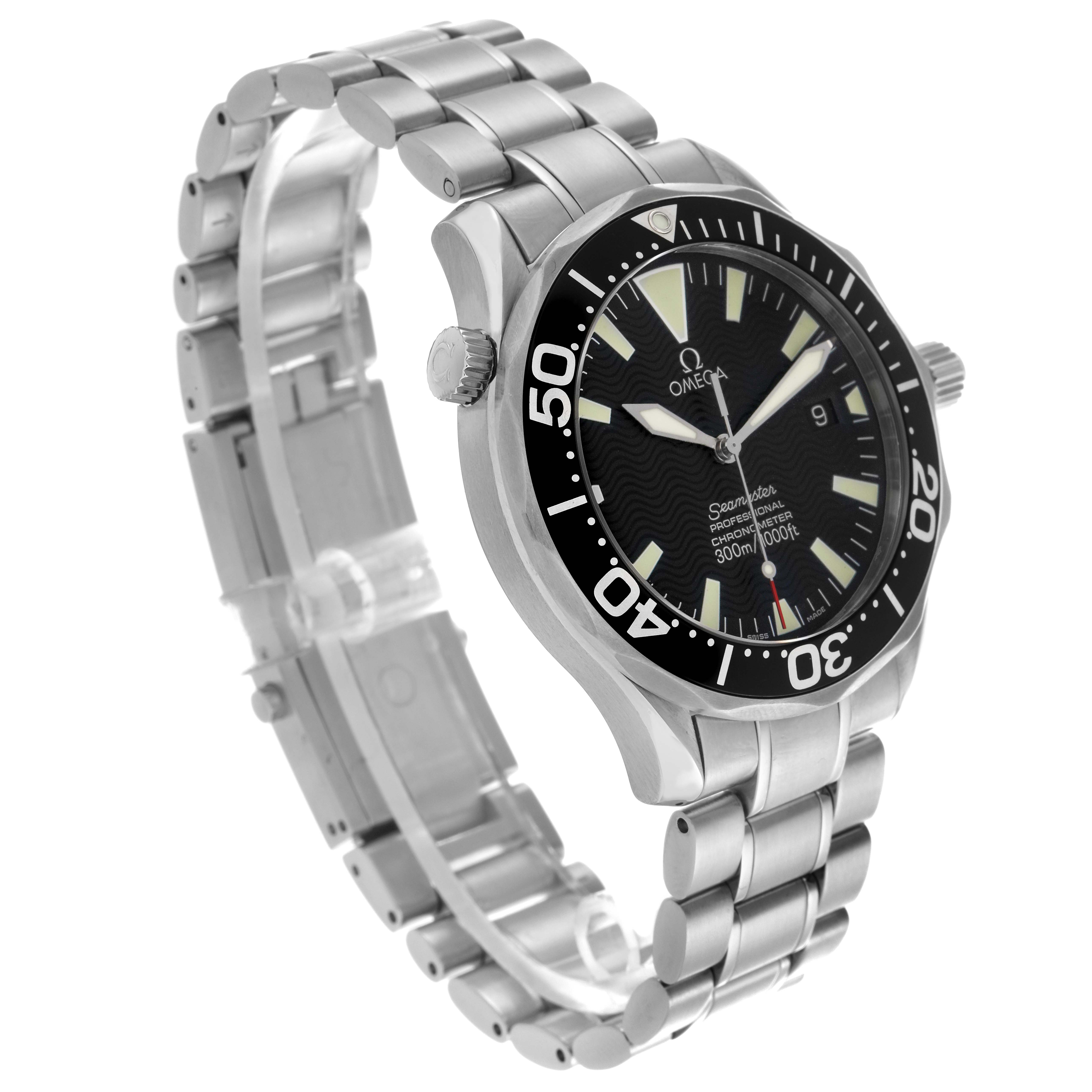 The image shows an Omega Seamaster 2254.50.00 Men
s Stainless Steel Black Dial 2254.50.00 Men
s Stainless Steel Black Dial watch at a three-quarter angle displaying the bezel, dial, bracelet, and side crown.