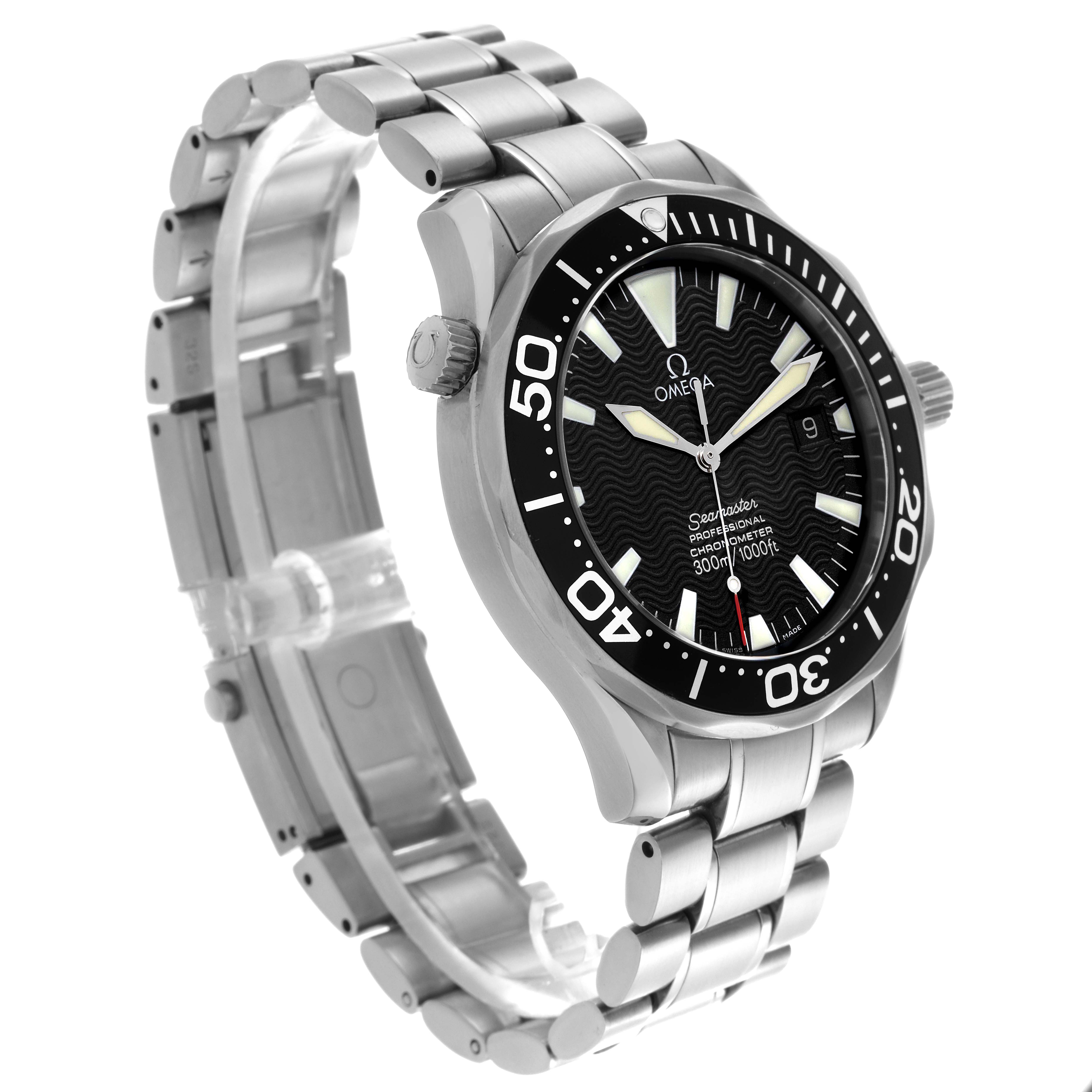 The Omega Seamaster 2254.50.00 Men
s Stainless Steel Black Dial 2254.50.00 Men
s Stainless Steel Black Dial watch is shown at a three-quarter angle, highlighting the face, bezel, crown, and stainless steel bracelet.