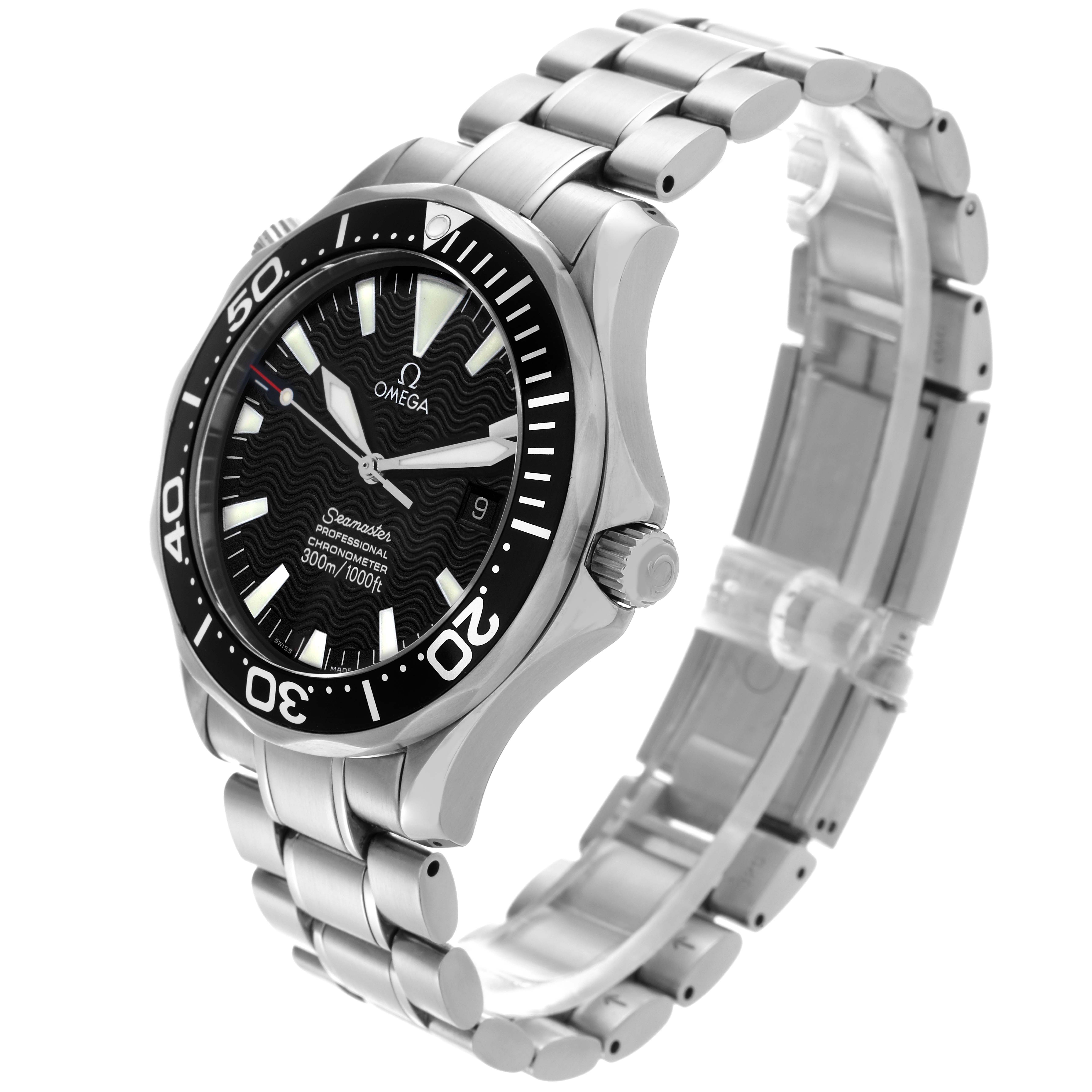 The Omega Seamaster 2254.50.00 Men
s Stainless Steel Black Dial 2254.50.00 Men
s Stainless Steel Black Dial watch is shown at an angle displaying the face, bezel, crown, and bracelet.
