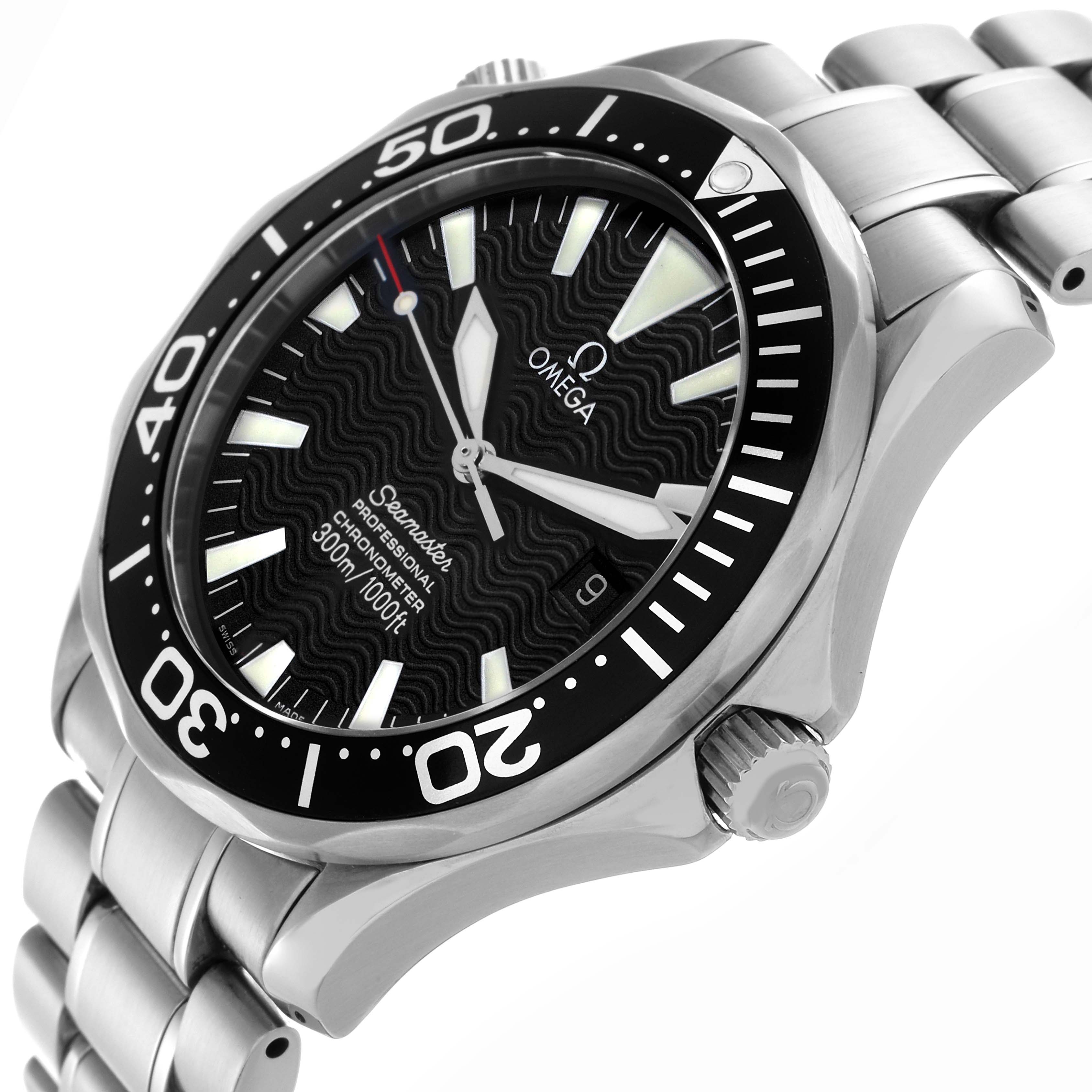 The Omega Seamaster 2254.50.00 Men
s Stainless Steel Black Dial 2254.50.00 Men
s Stainless Steel Black Dial watch is shown at an angled view, displaying the bezel, dial, crown, and part of the stainless steel bracelet.