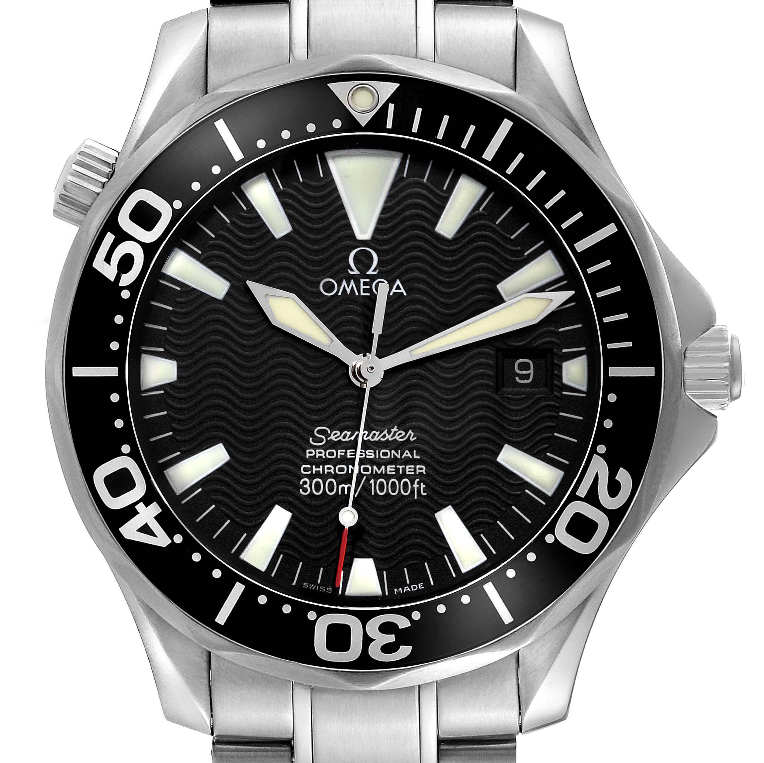 The Omega Seamaster 2254.50.00 Men
s Stainless Steel Black Dial 2254.50.00 Men
s Stainless Steel Black Dial watch is shown from a front angle, displaying the face, bezel, and part of the metal bracelet.