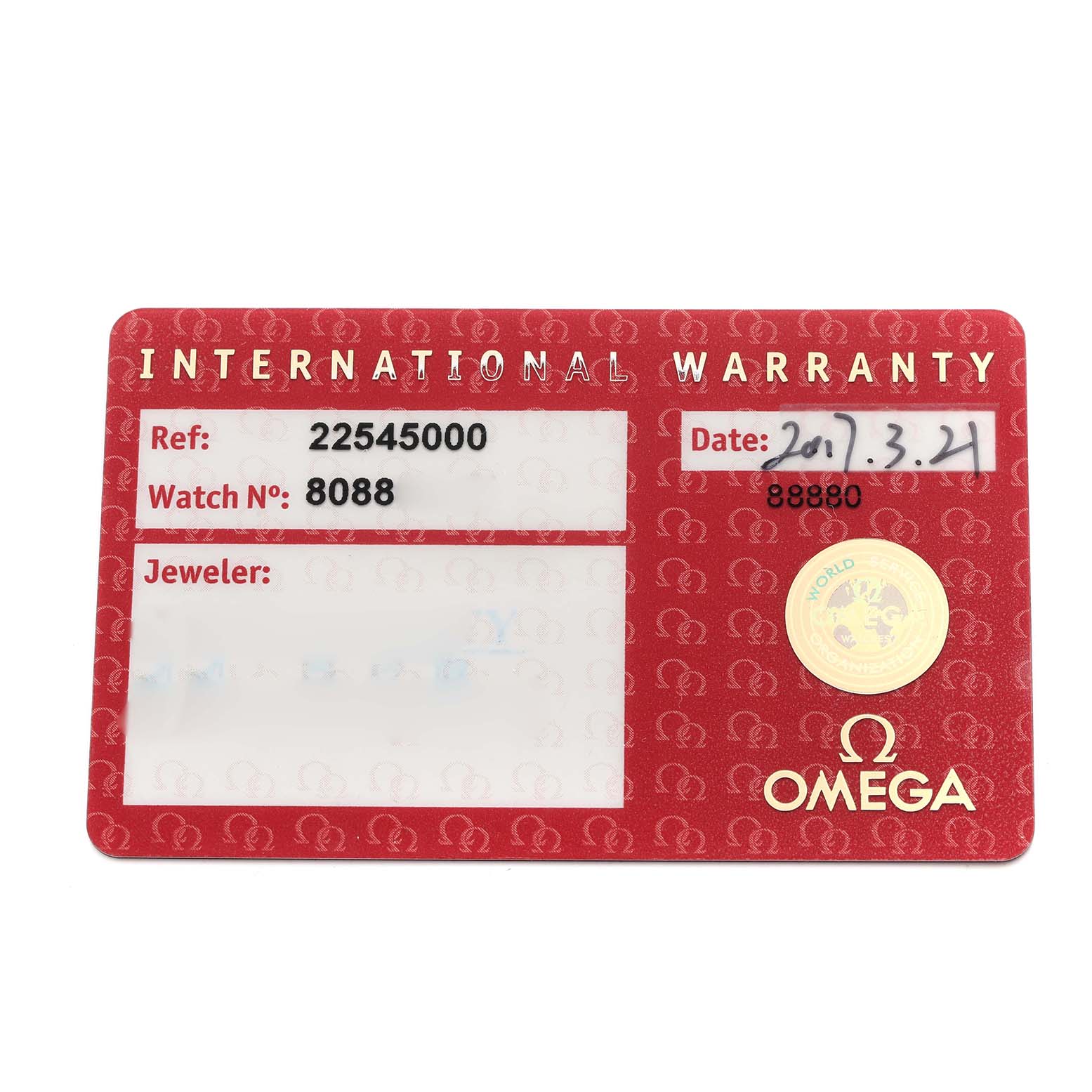 The image shows an Omega Seamaster 2254.50.00 Men
s Stainless Steel Black Dial 2254.50.00 Men
s Stainless Steel Black Dial watch
s international warranty card at a top-down angle.