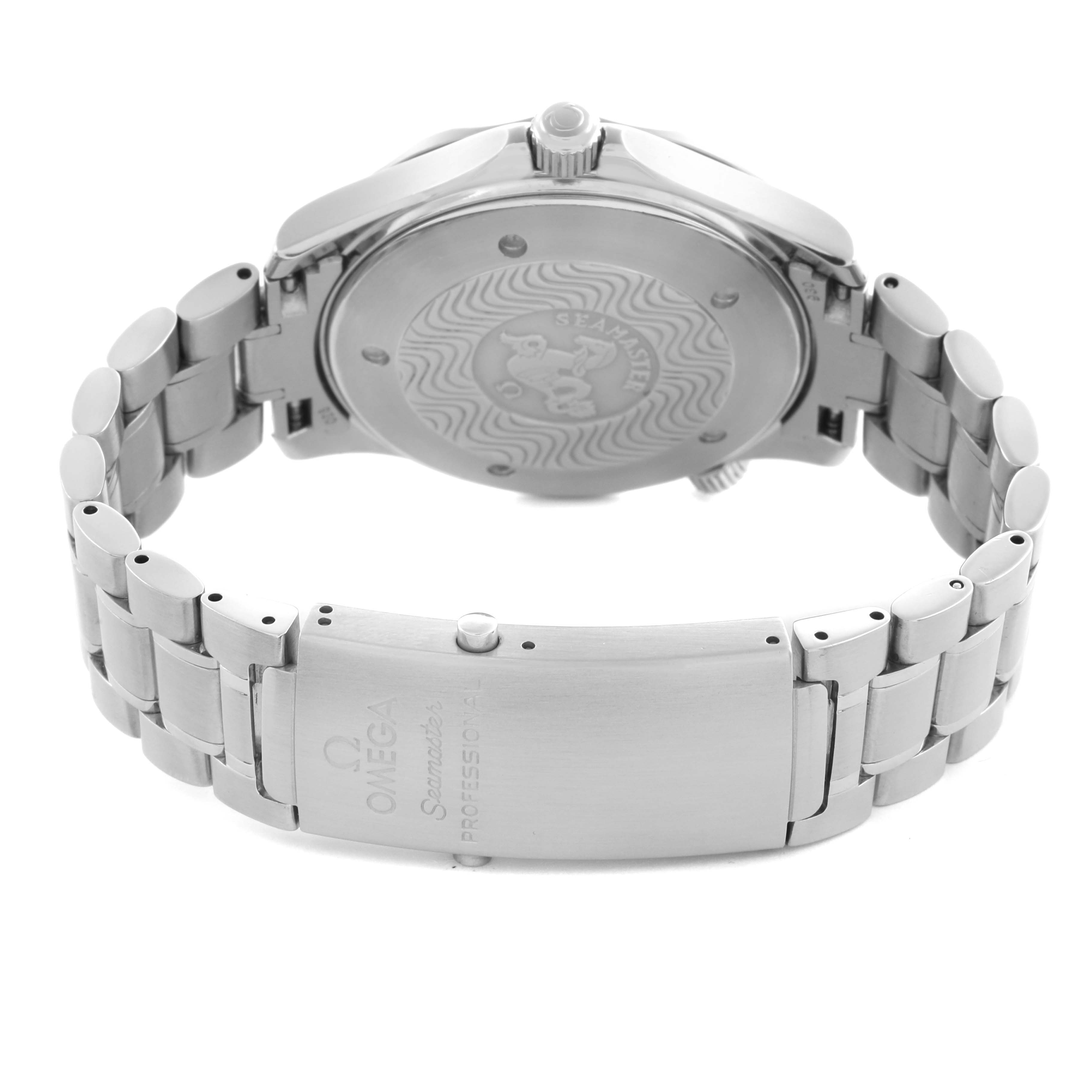 The Omega Seamaster 2254.50.00 Men
s Stainless Steel Black Dial 2254.50.00 Men
s Stainless Steel Black Dial watch is shown from the back, highlighting the case back and stainless steel bracelet with the clasp visible.