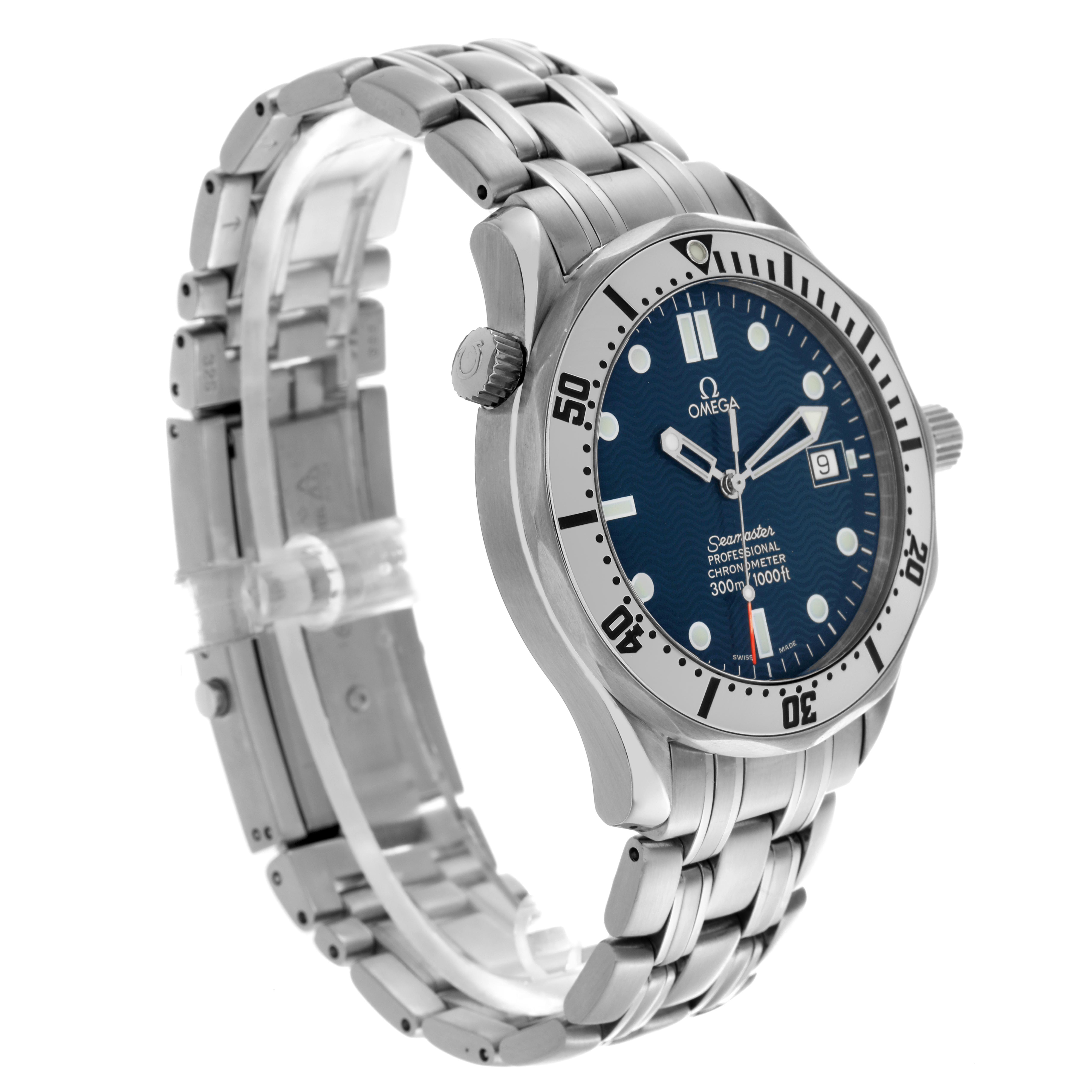 The Omega Seamaster 2532.80.00 Men
s Stainless Steel Blue Dial 2532.80.00 Men
s Stainless Steel Blue Dial watch is shown from a front-left angle, highlighting the case, bezel, blue dial, and stainless steel bracelet.