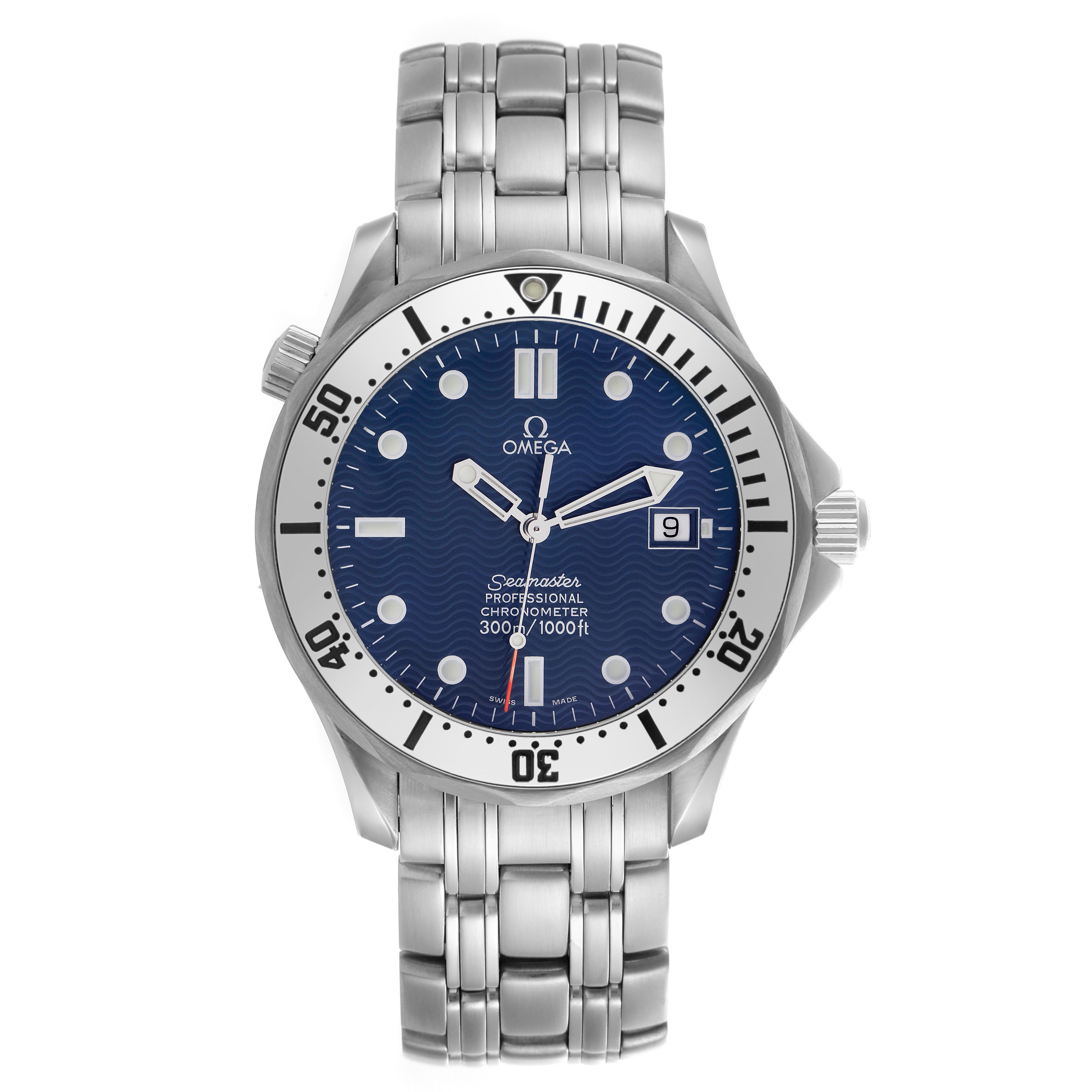 The Omega Seamaster 2532.80.00 Men
s Stainless Steel Blue Dial 2532.80.00 Men
s Stainless Steel Blue Dial watch is shown from the front, displaying the dial, bezel, bracelet, and crown.