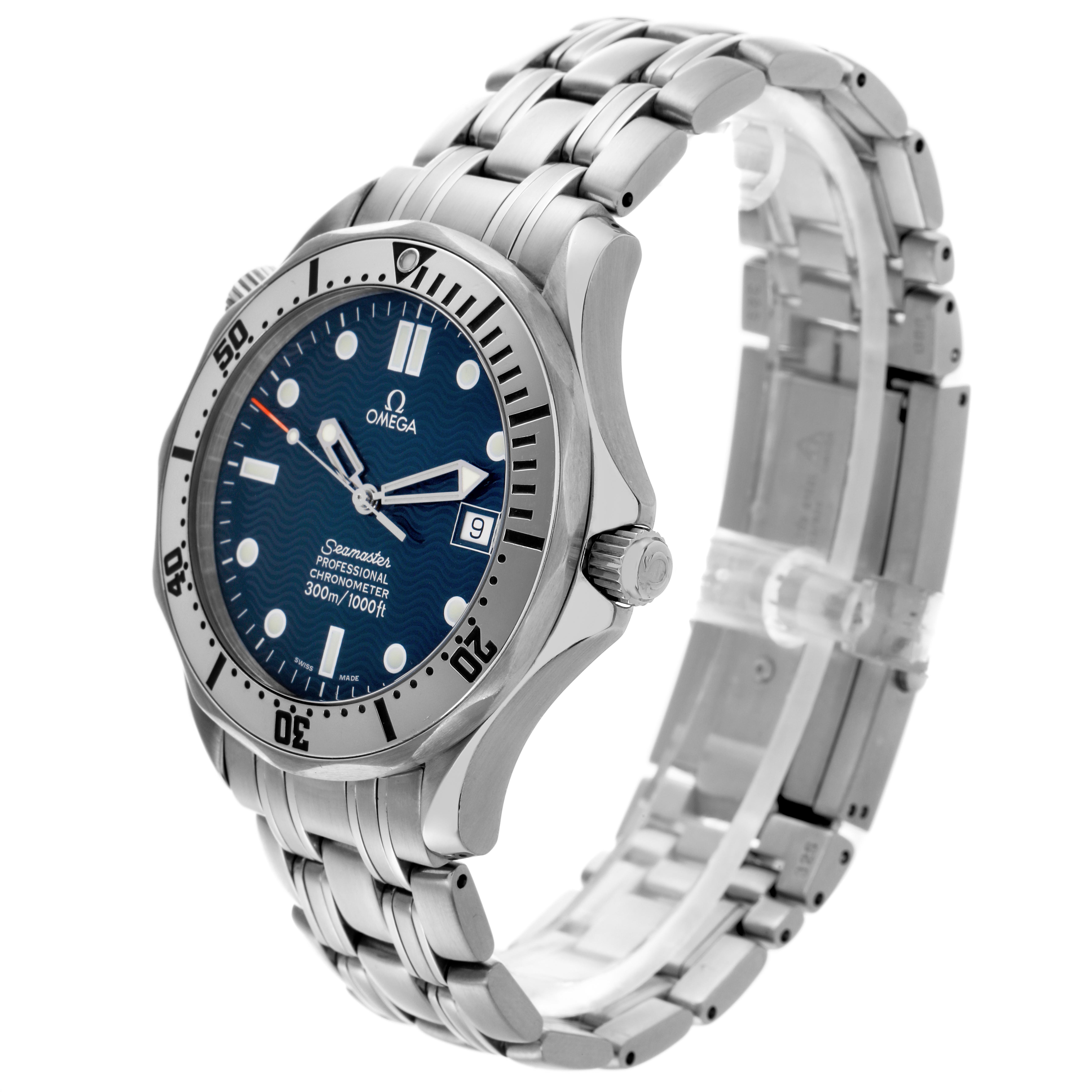 The Omega Seamaster 2532.80.00 Men
s Stainless Steel Blue Dial 2532.80.00 Men
s Stainless Steel Blue Dial watch is shown at a three-quarter angle, highlighting the face, bezel, crown, and stainless steel bracelet.
