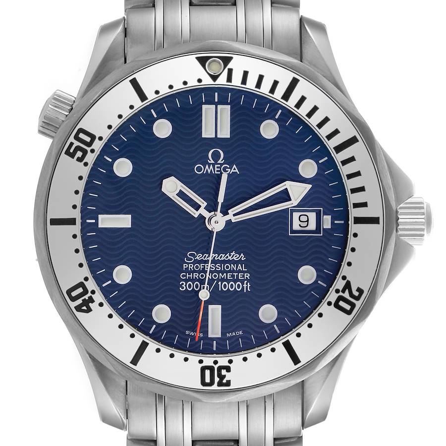 The image shows a front view of the Omega Seamaster watch, highlighting its blue dial, date window, and stainless steel bracelet.