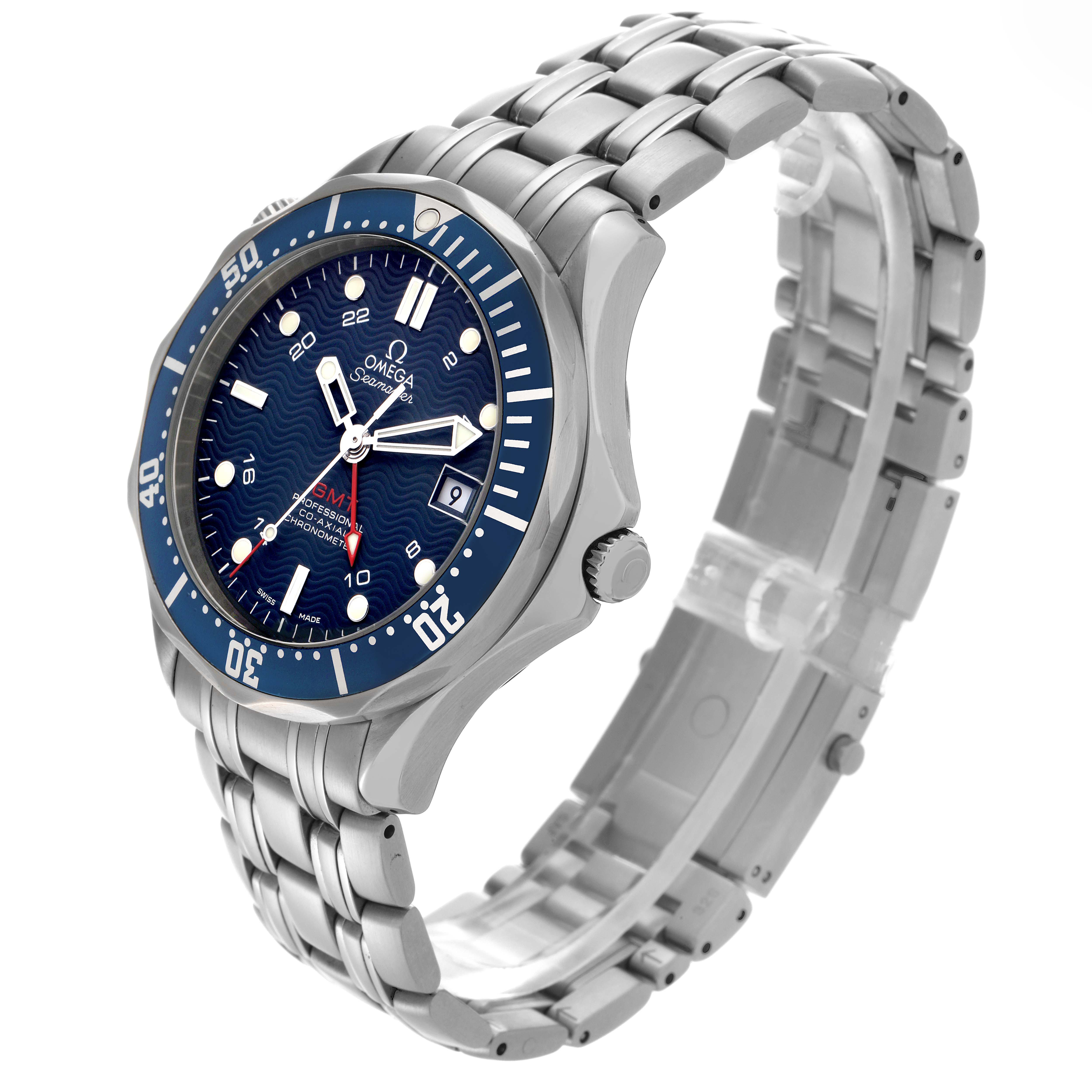 The Omega Seamaster 2535.80.00 Men
s Stainless Steel Blue Dial 2535.80.00 Men
s Stainless Steel Blue Dial watch is shown at a three-quarter angle, highlighting the face, bezel, and bracelet.