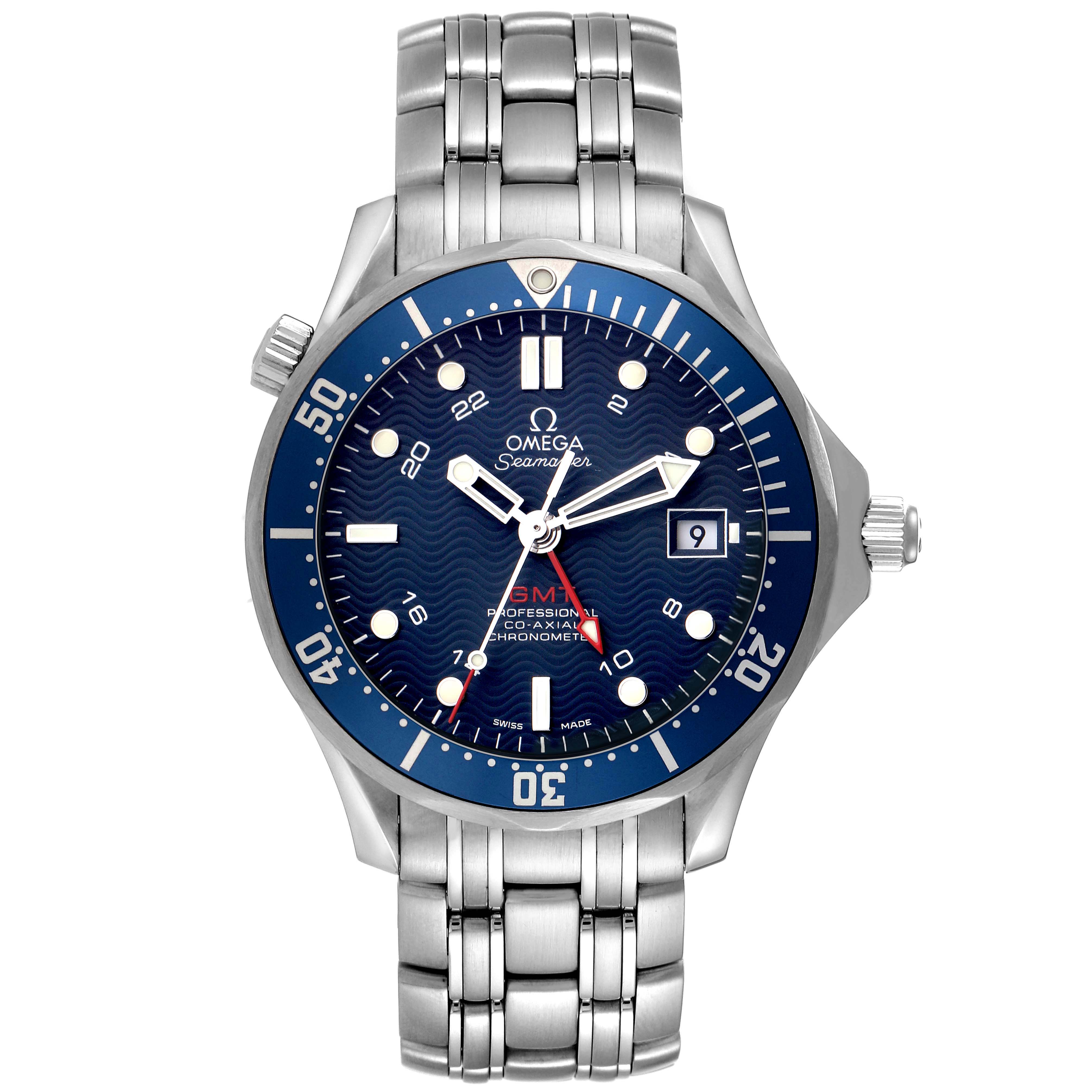The Omega Seamaster 2535.80.00 Men
s Stainless Steel Blue Dial 2535.80.00 Men
s Stainless Steel Blue Dial watch is shown from the front, displaying the dial, bezel, and bracelet.