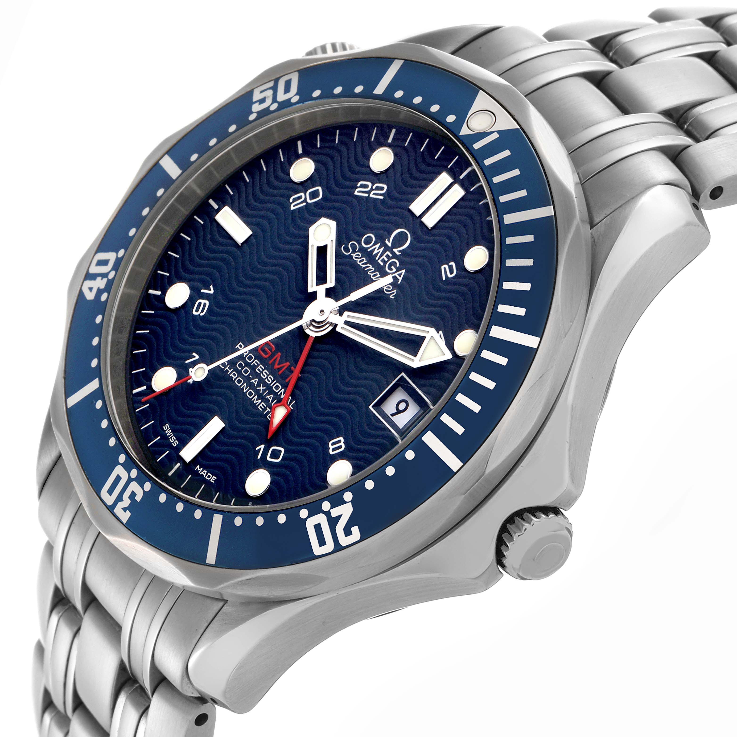 The Omega Seamaster 2535.80.00 Men
s Stainless Steel Blue Dial 2535.80.00 Men
s Stainless Steel Blue Dial watch is shown at a three-quarter angle, highlighting its blue dial, bezel, and metal bracelet.