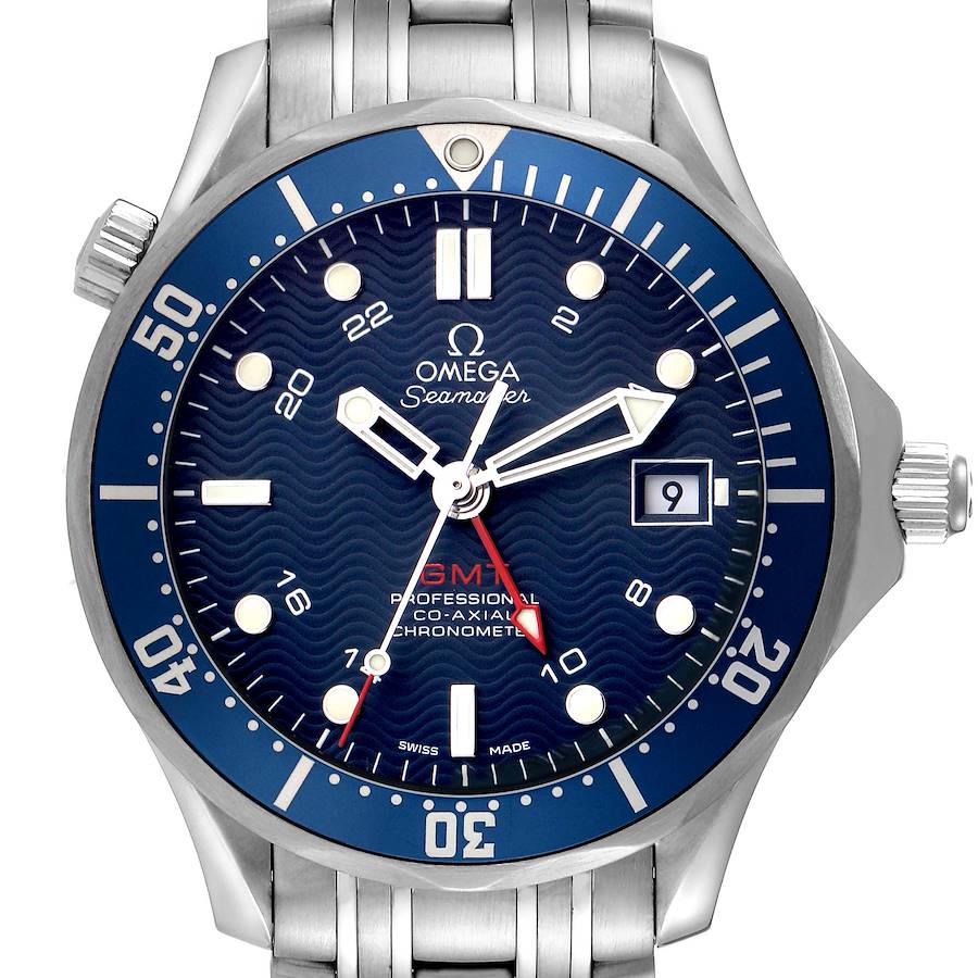 The Omega Seamaster watch is shown from the front, highlighting its dial, hands, bezel, crown, and part of the bracelet.