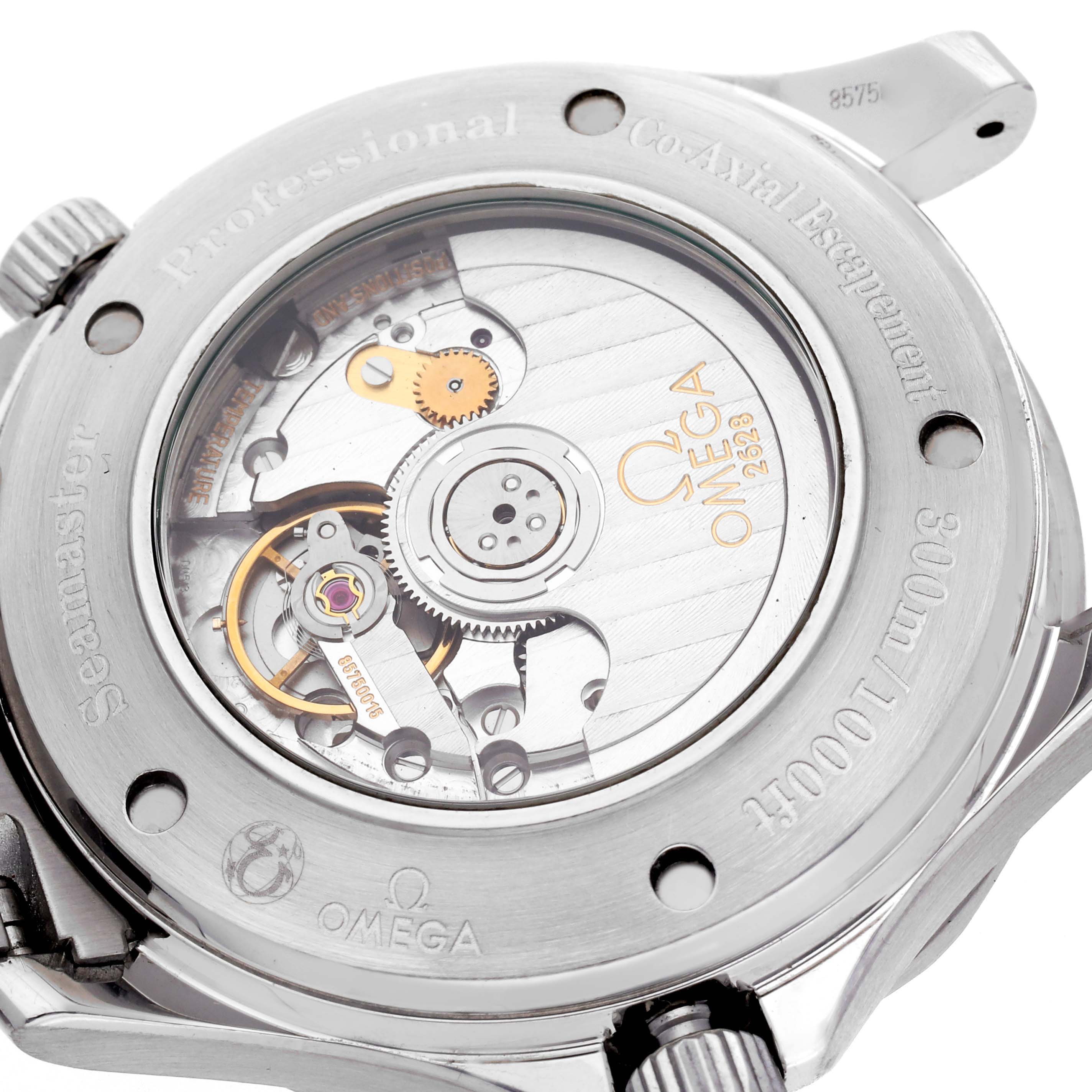 The image shows the back of an Omega Seamaster 2535.80.00 Men
s Stainless Steel Blue Dial 2535.80.00 Men
s Stainless Steel Blue Dial watch, highlighting its movement and Co-Axial escapement.